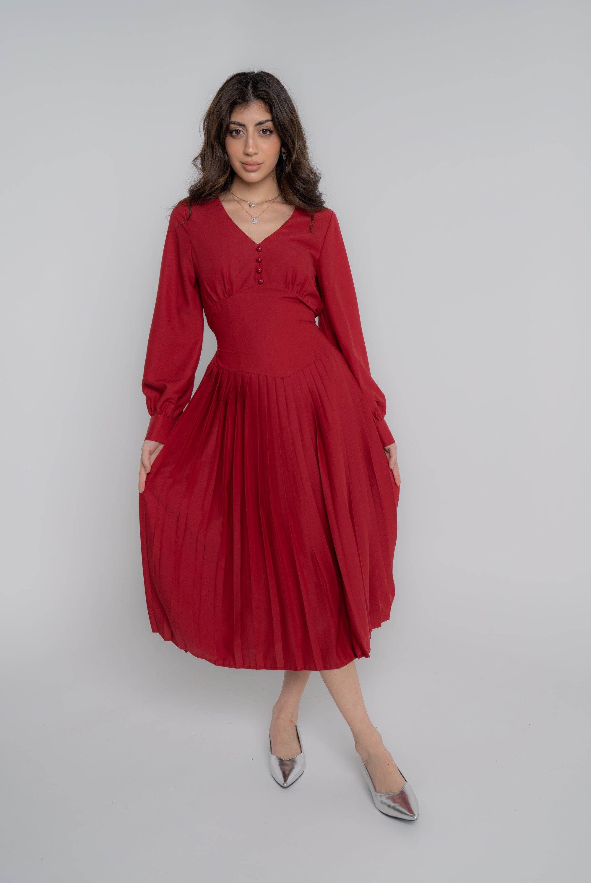 نتشي فستان ميدي سادة مخصر بأزرار أمامية كم طويل نسائي