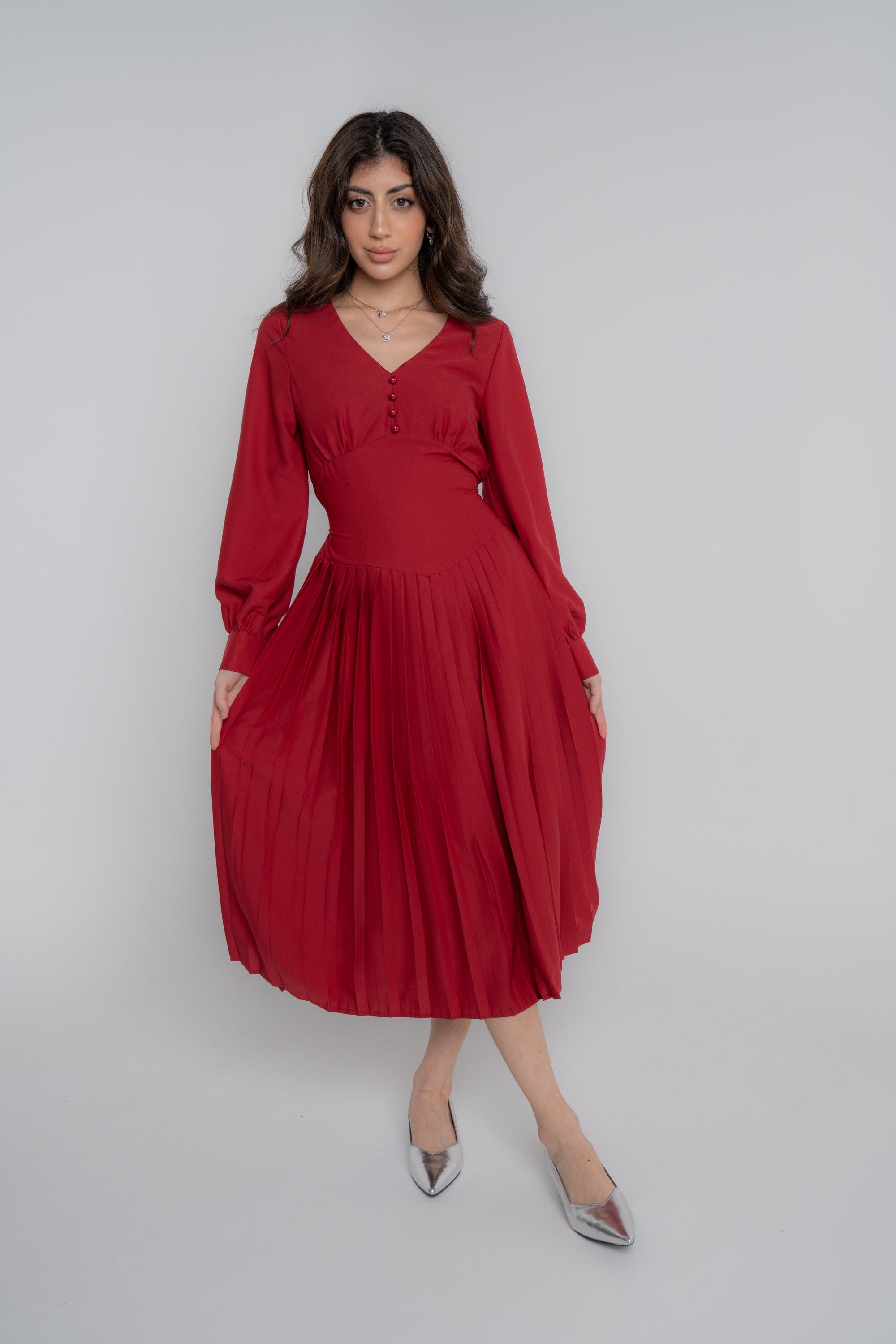 نتشي فستان ميدي سادة مخصر بأزرار أمامية كم طويل نسائي