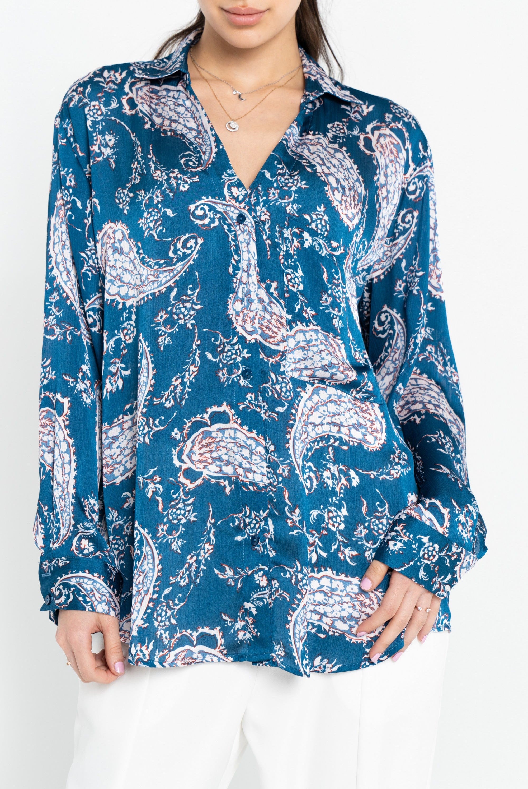 نتشي بلوزة منقوش بأزرار أمامية كم طويل نسائي