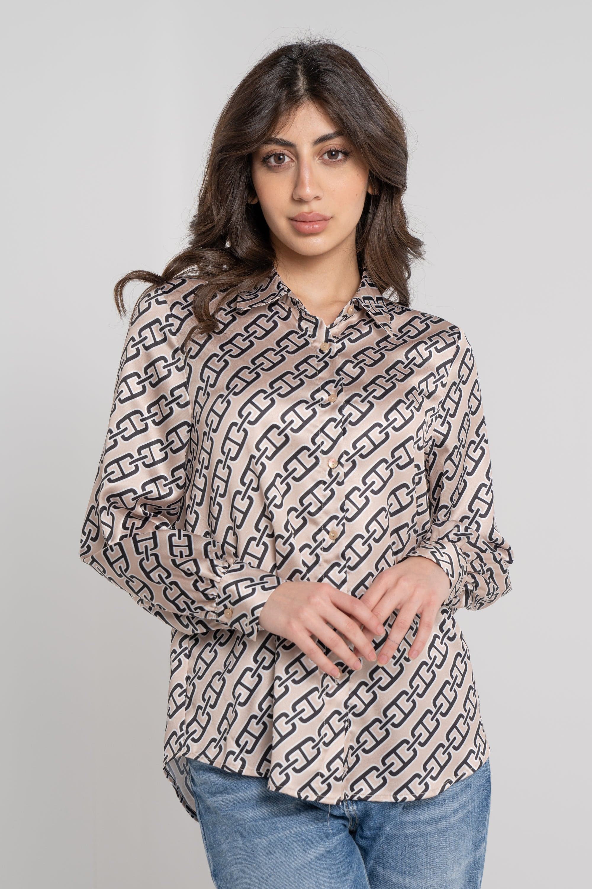 نتشي قميص منقوش بأزرار أمامية كم طويل وياقة نسائي