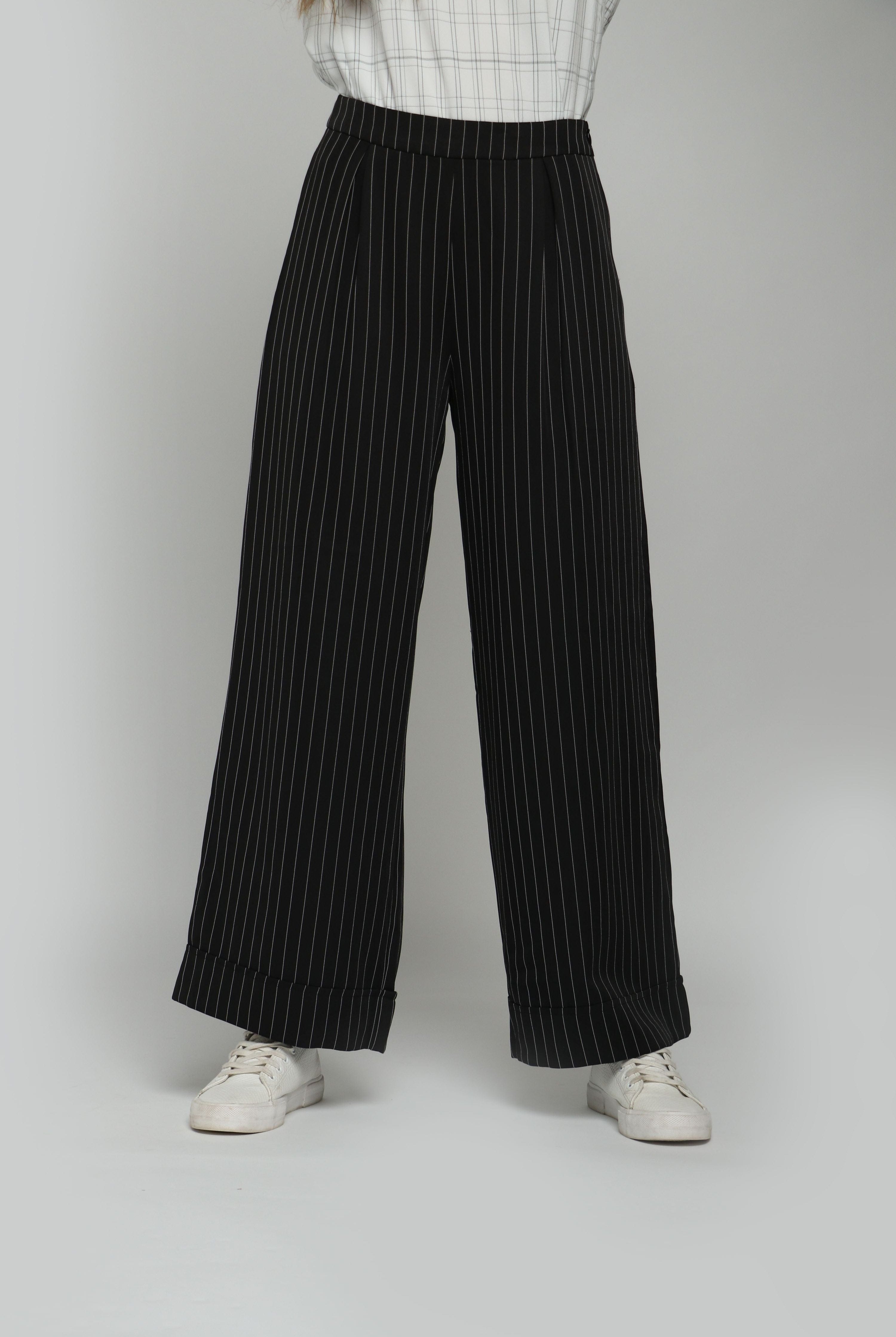 نتشي بنطلون مخطط طويل واسع خصر مرتفع نسائي