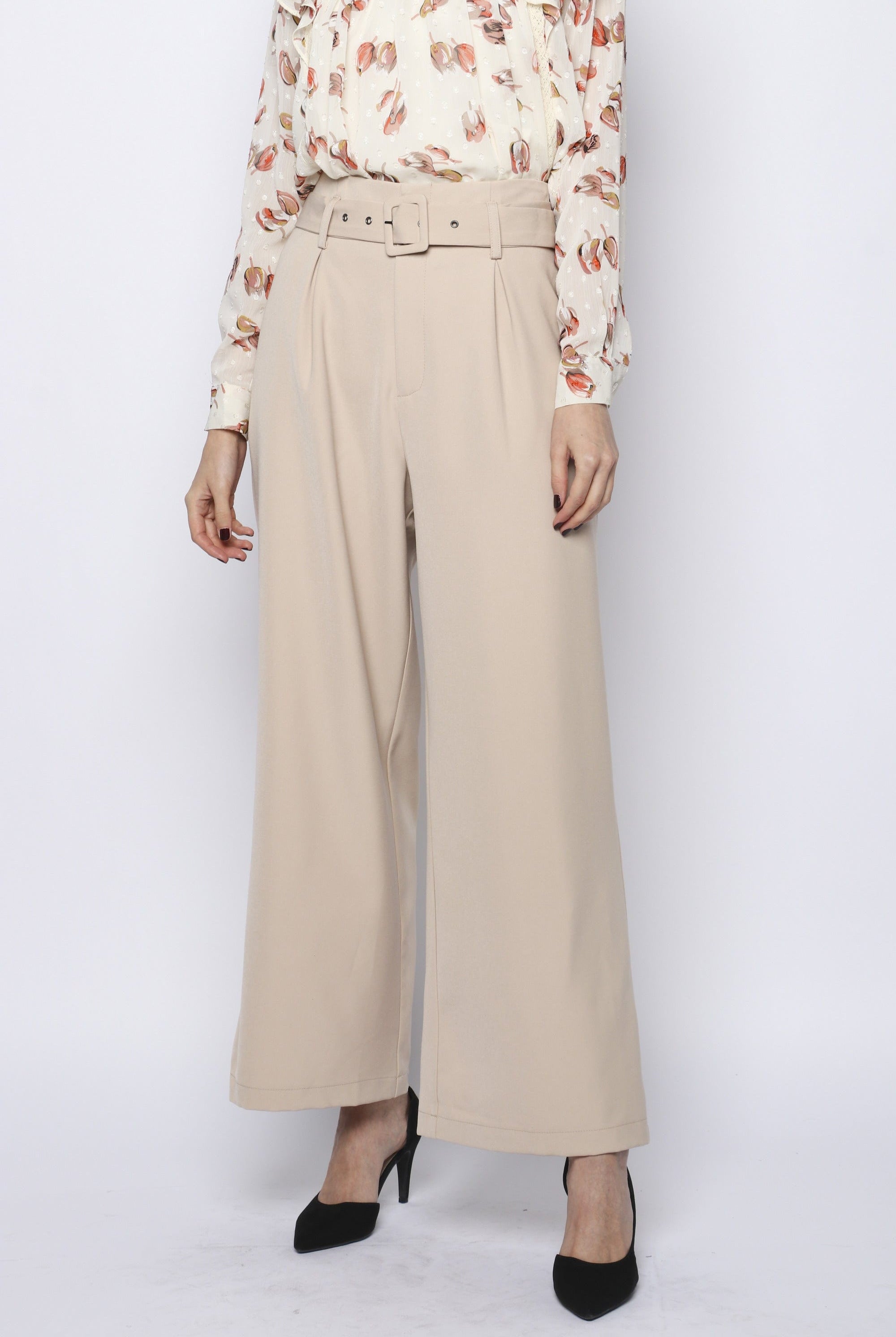 نتشي بنطلون كلاسيك بحزام واسع طويل نسائي