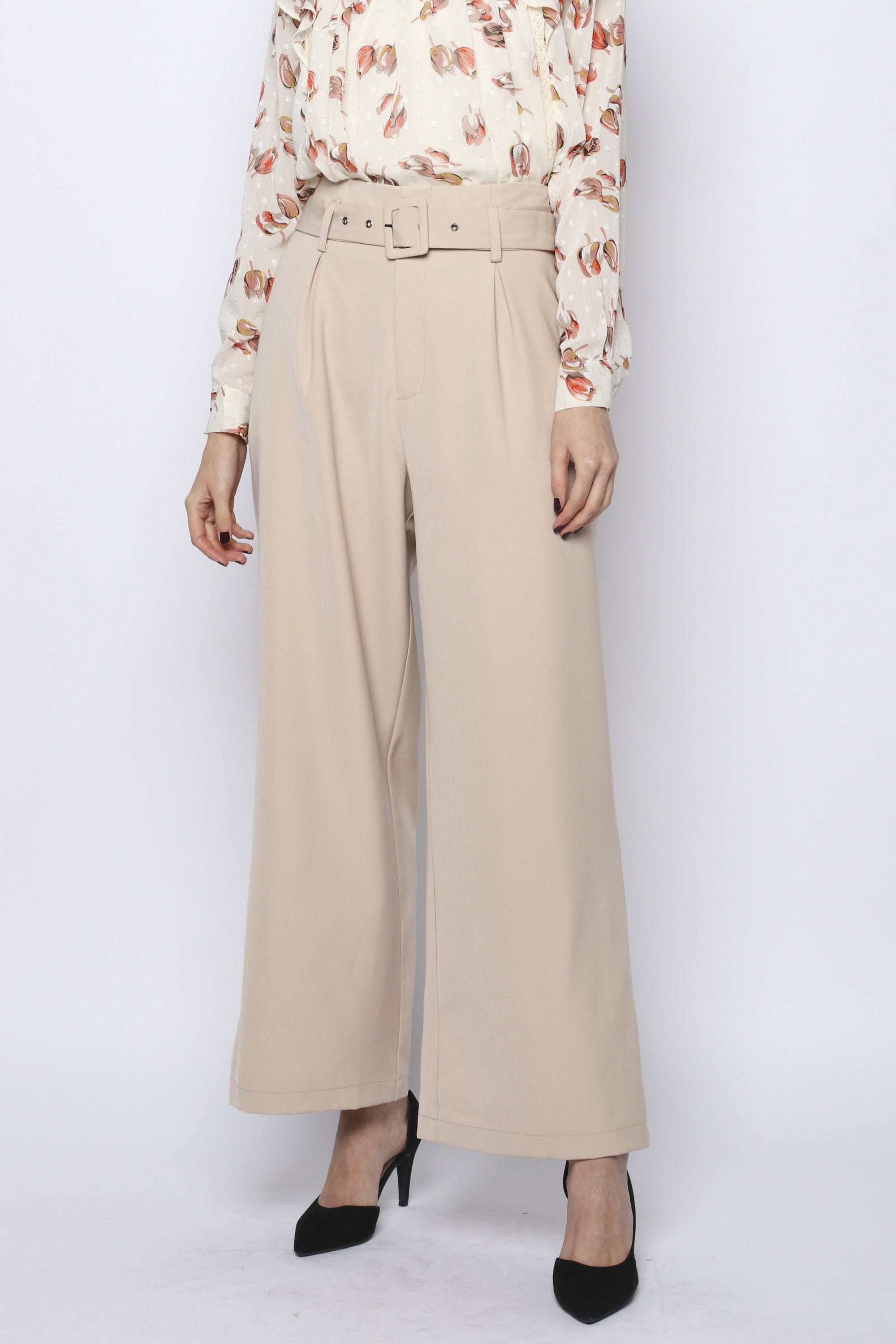 نتشي بنطلون كلاسيك بحزام واسع طويل نسائي