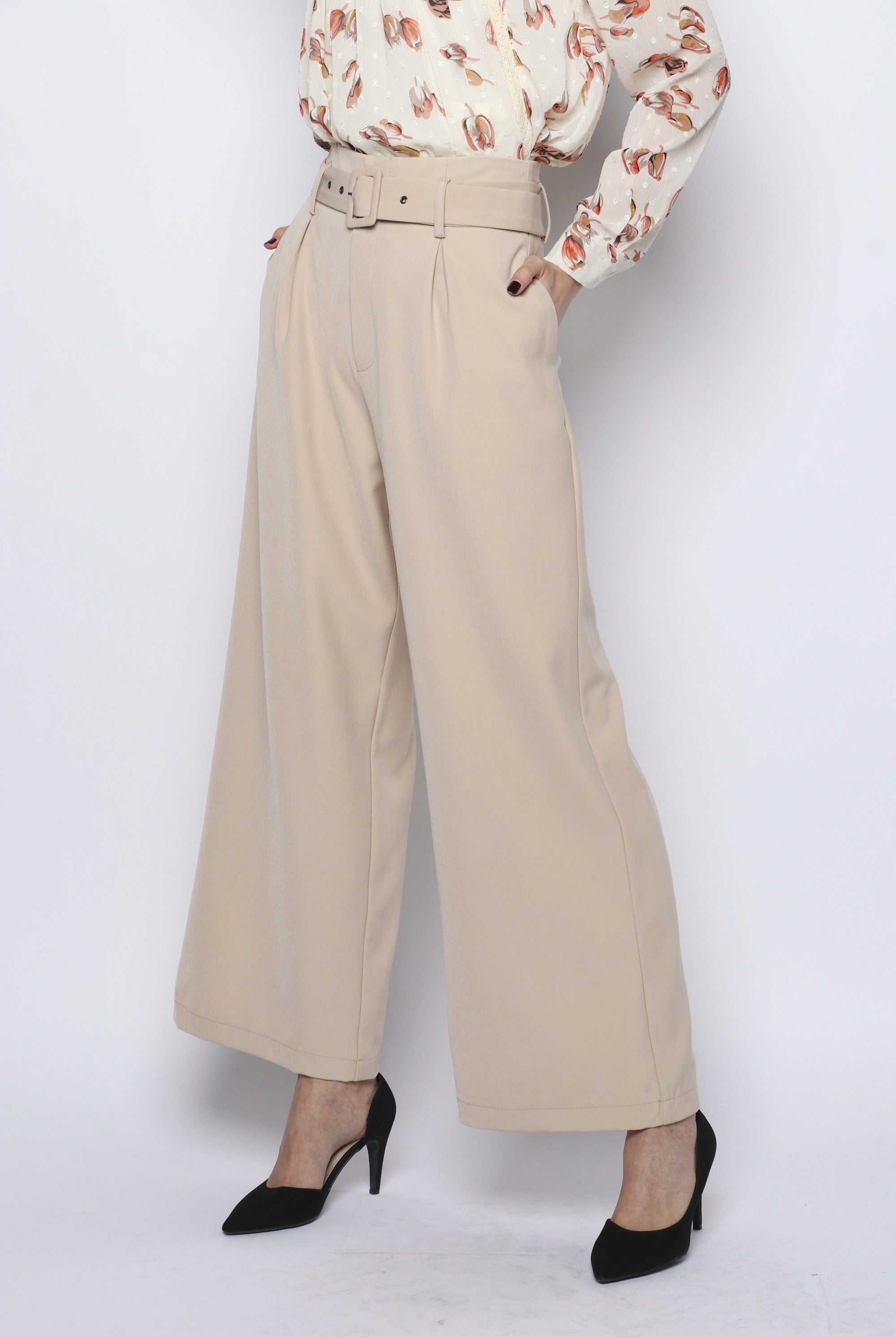 نتشي بنطلون كلاسيك بحزام واسع طويل نسائي