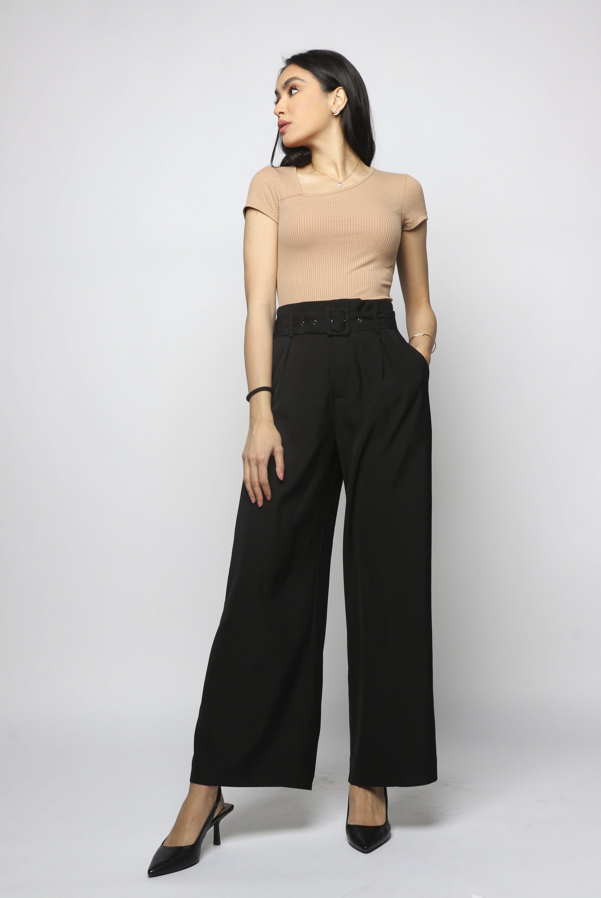 نتشي بنطلون كلاسيك بحزام واسع طويل نسائي