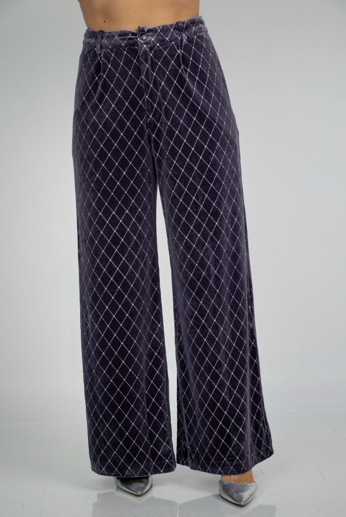 نتشي بنطلون مربعات هاي ويست واسع طويل نسائي