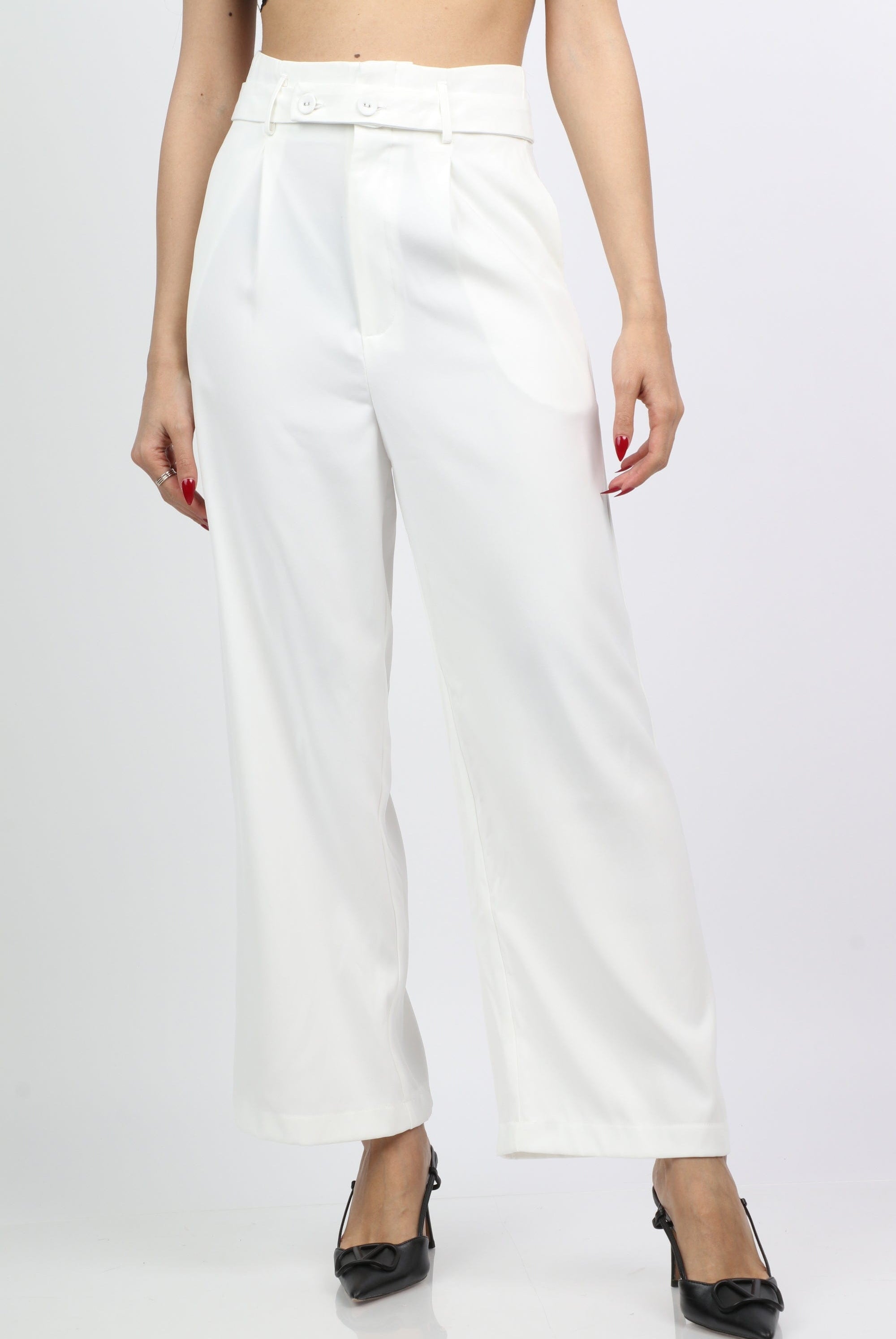 نتشي بنطلون كلاسيك سادة بسحاب وحزام مع أزرار أمامية واسع طويل نسائي