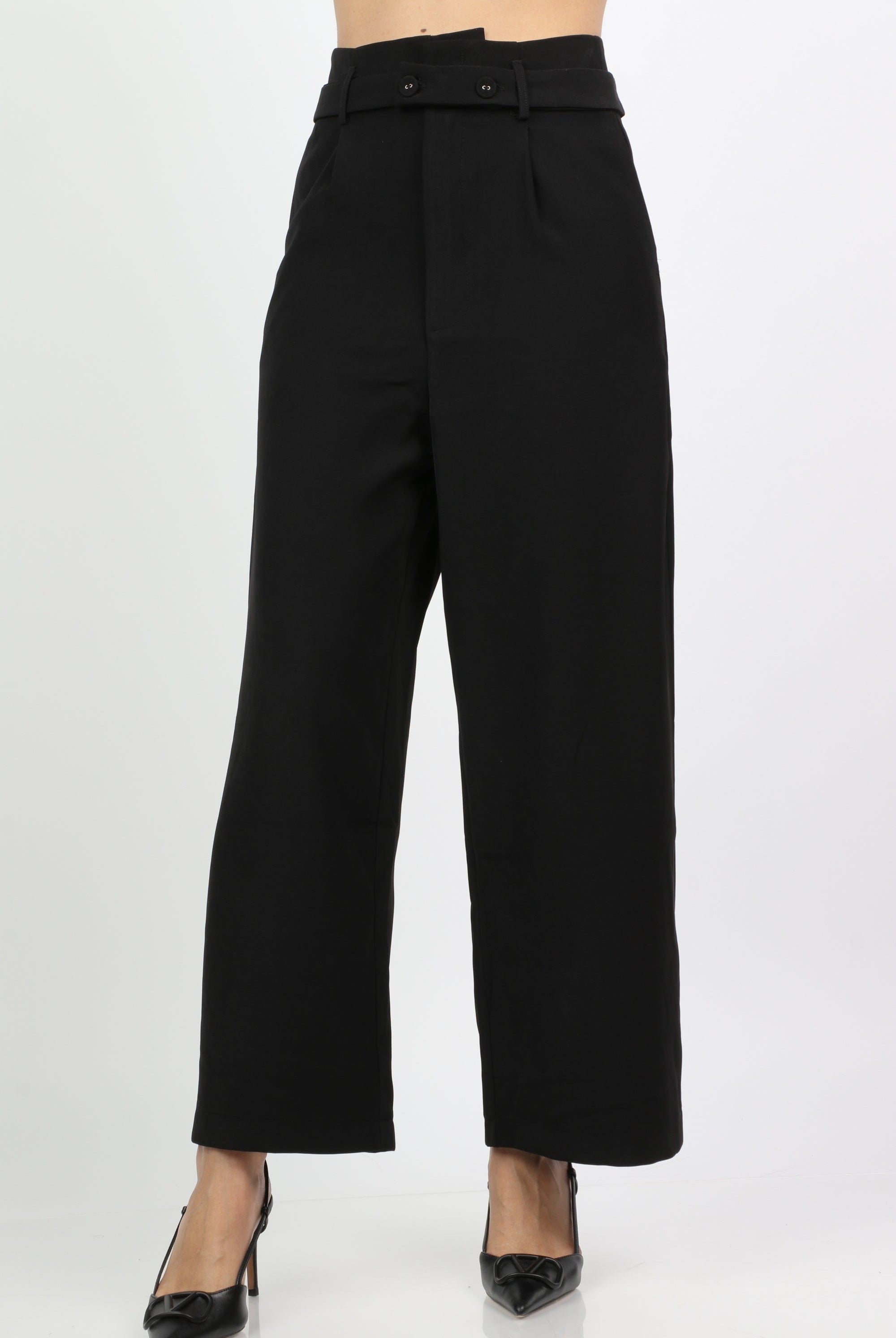 نتشي بنطلون كلاسيك سادة بسحاب وحزام مع أزرار أمامية واسع طويل نسائي