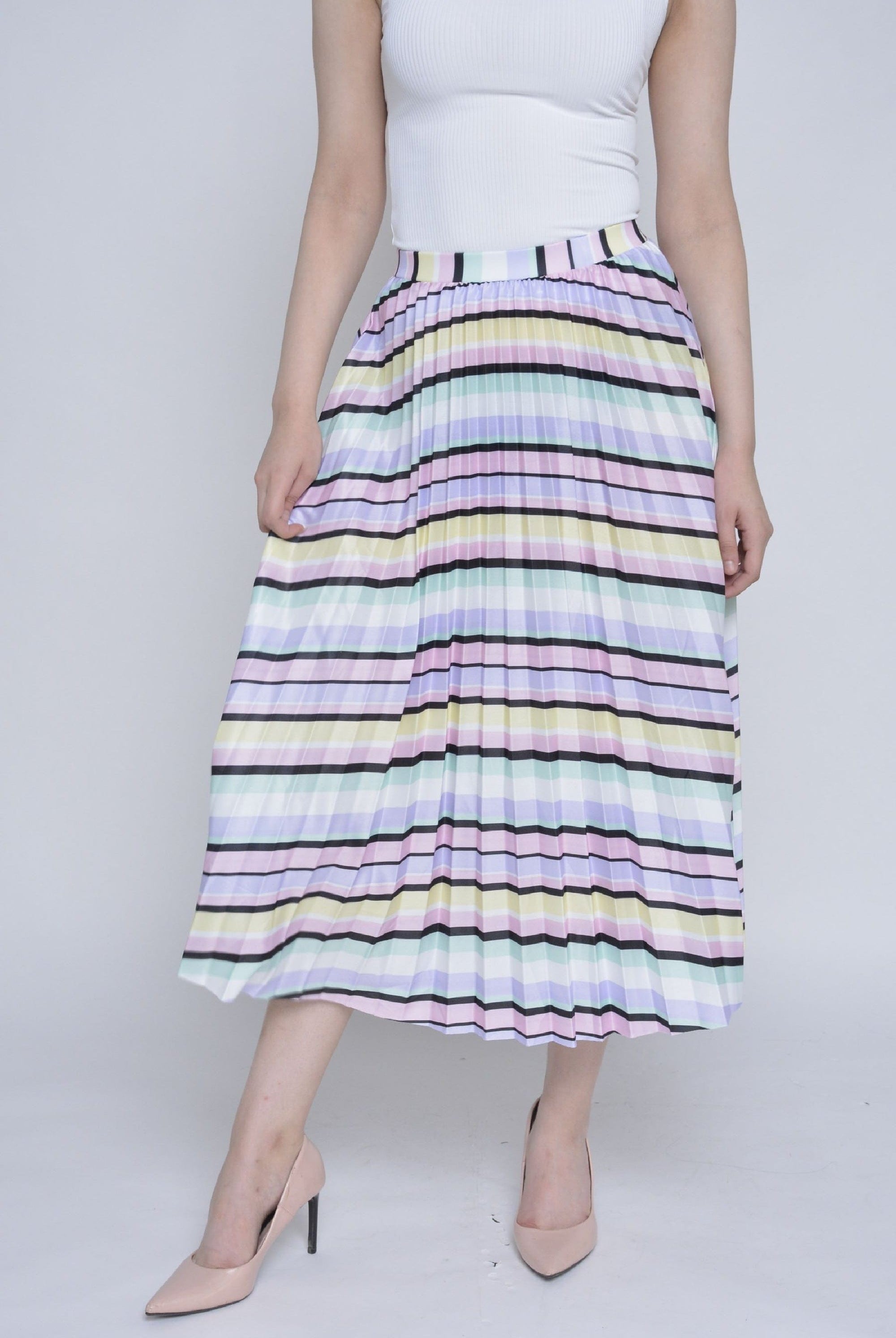 ميكا تنورة ميدي بليسية مخططة بالعرض