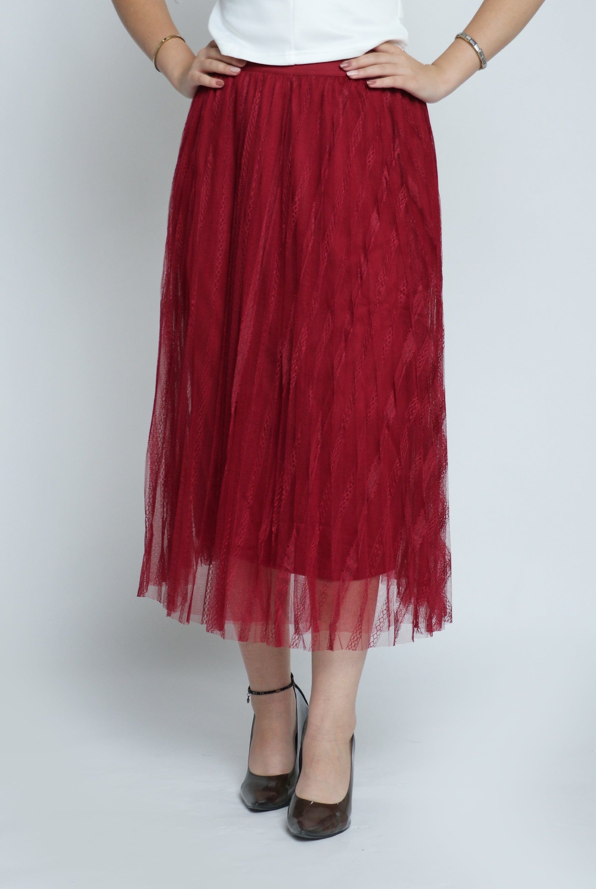 ميكا تنورة ميدي شبك دانتيل مطوي مبطنة