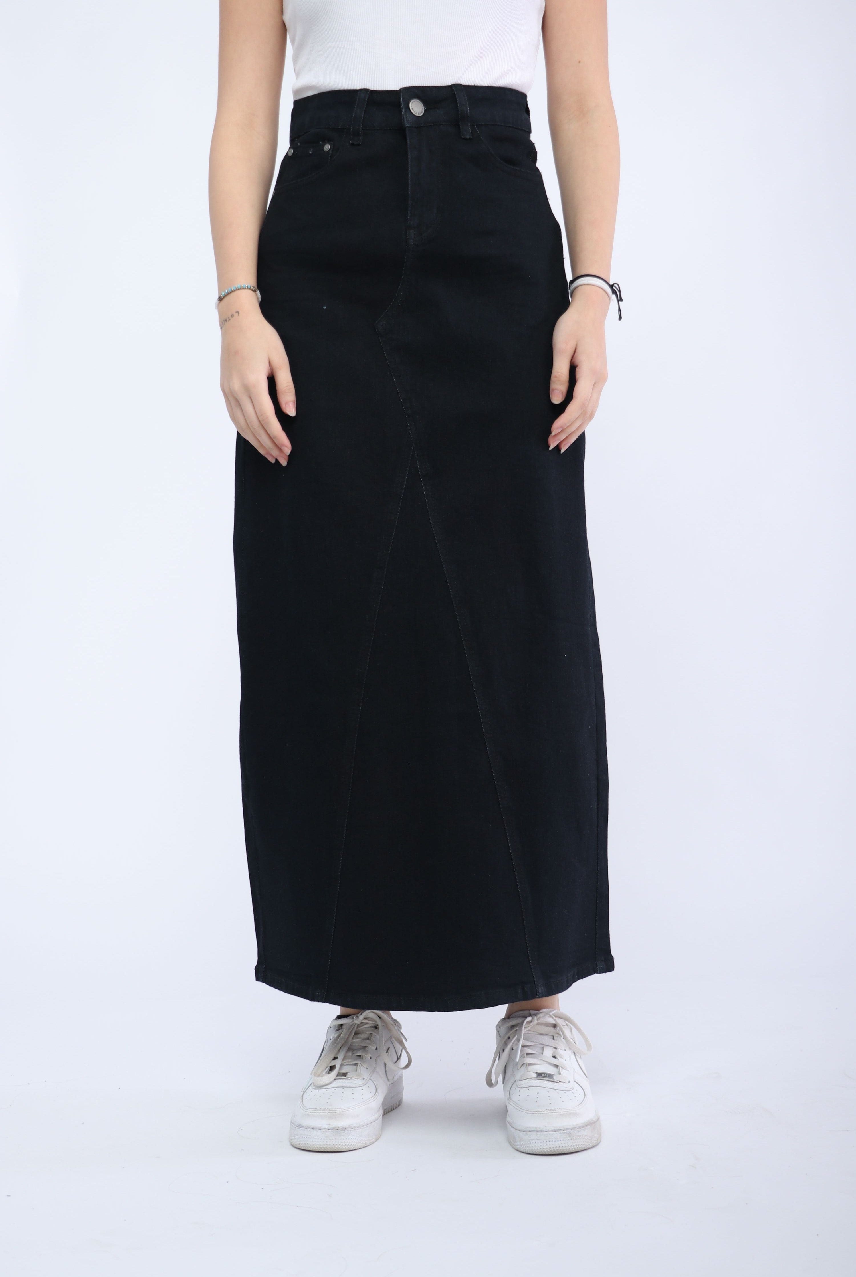 ميكا تنورة جينز طويلة بجيوب وزرار وسحاب نسائية