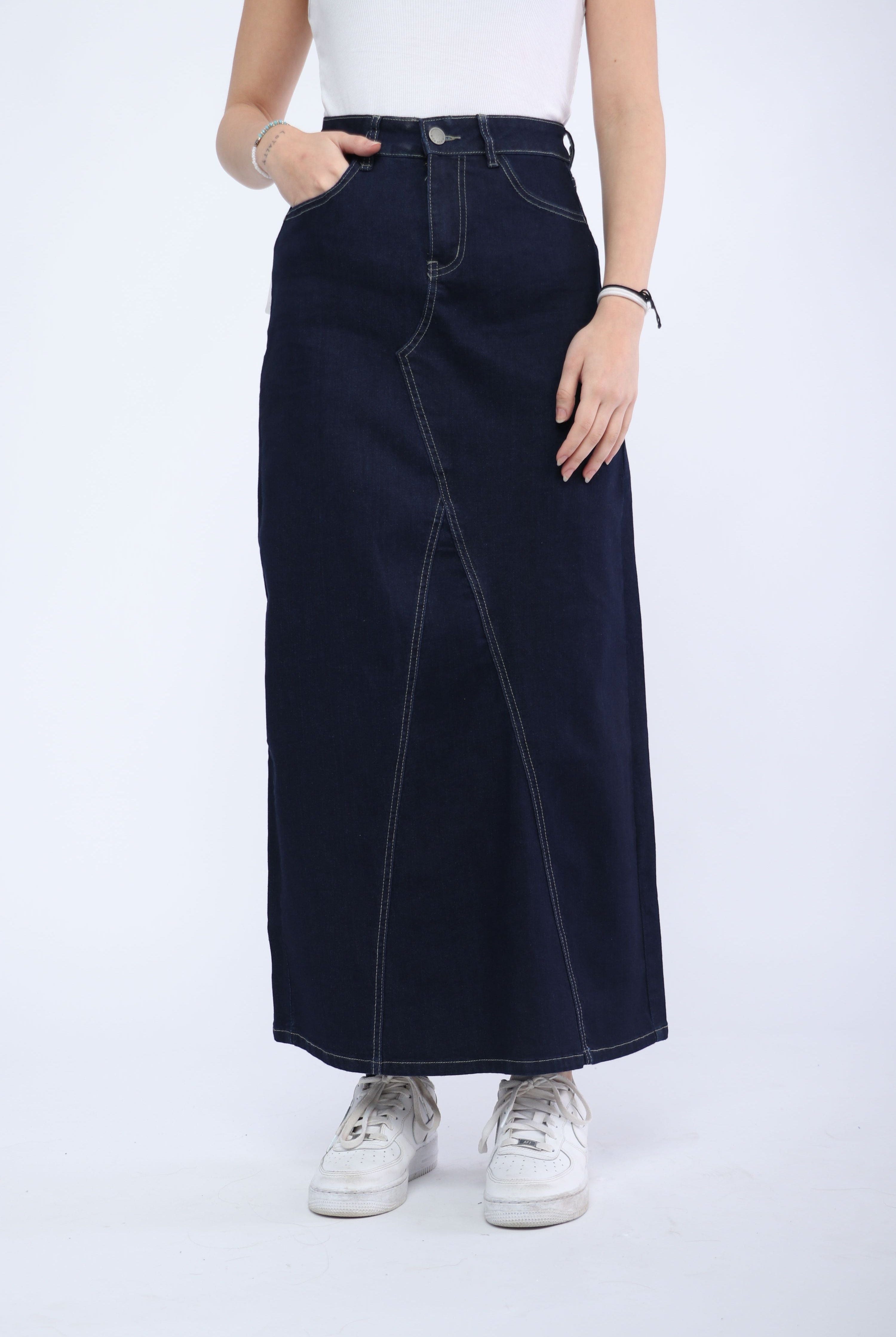 ميكا تنورة جينز طويلة بجيوب وزرار وسحاب نسائية