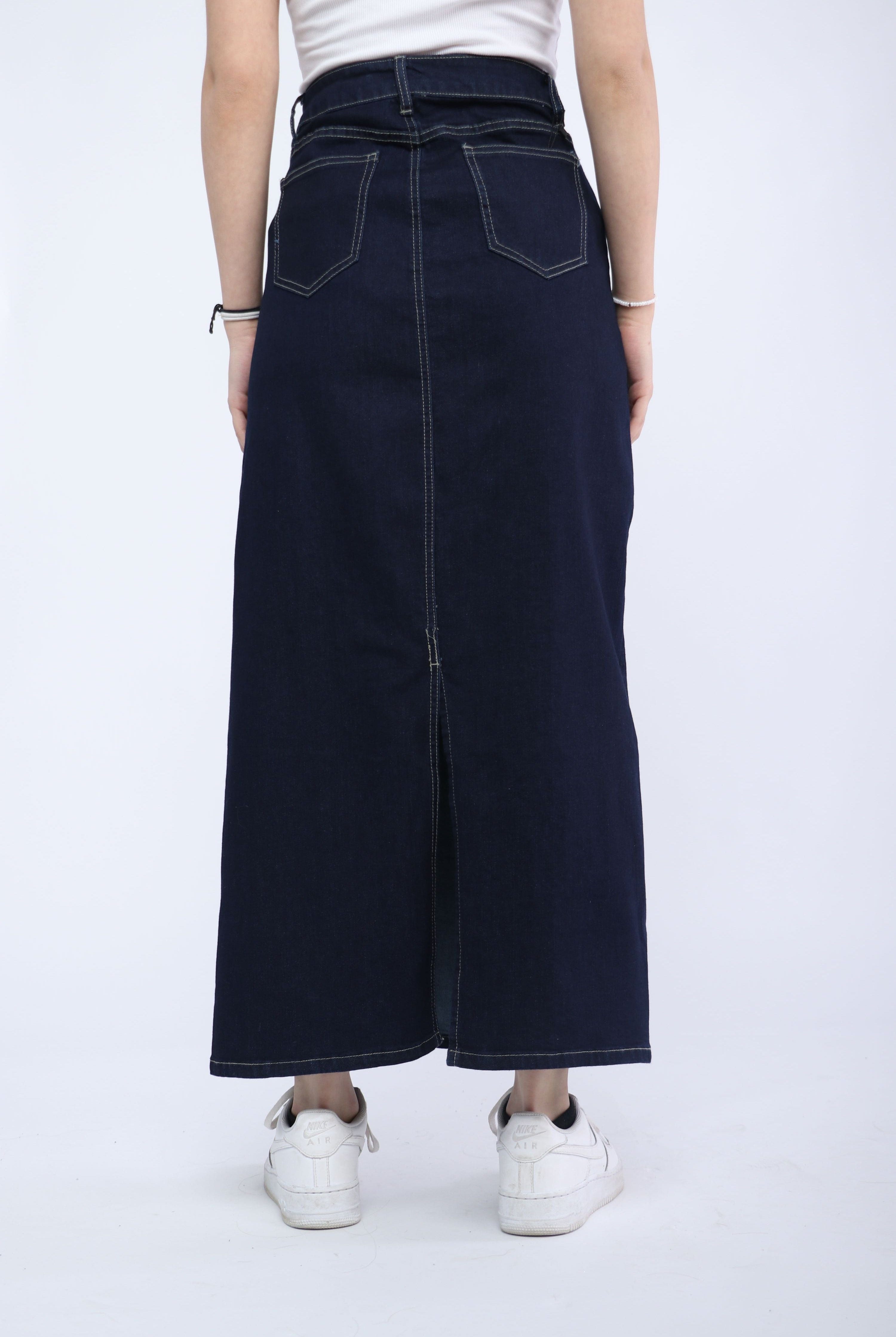 ميكا تنورة جينز طويلة بجيوب وزرار وسحاب نسائية