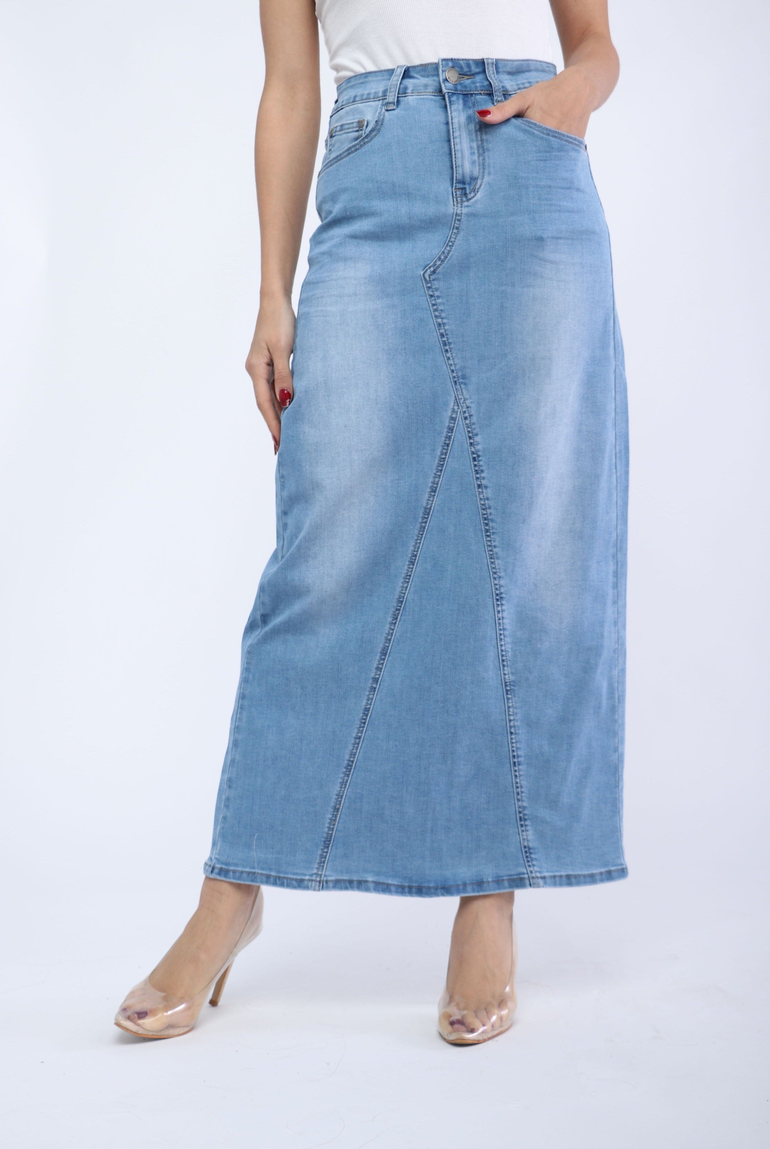 ميكا تنورة جينز طويلة بجيوب وزرار وسحاب نسائية