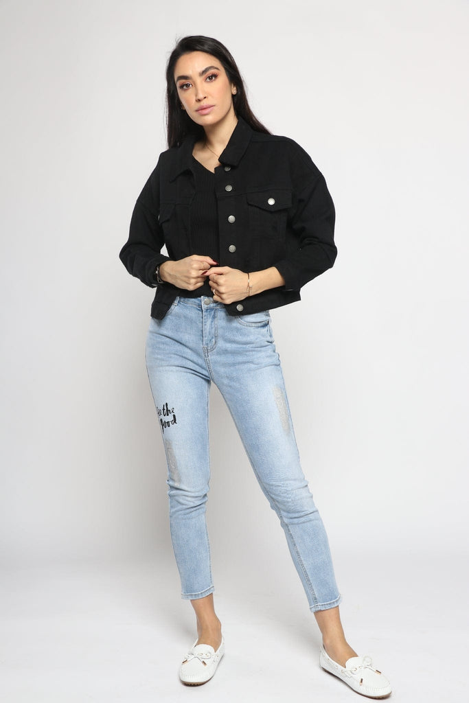 ميكا جاكيت جينز قصير أزرار أمامية وجيوب وياقة كم طويل نسائي