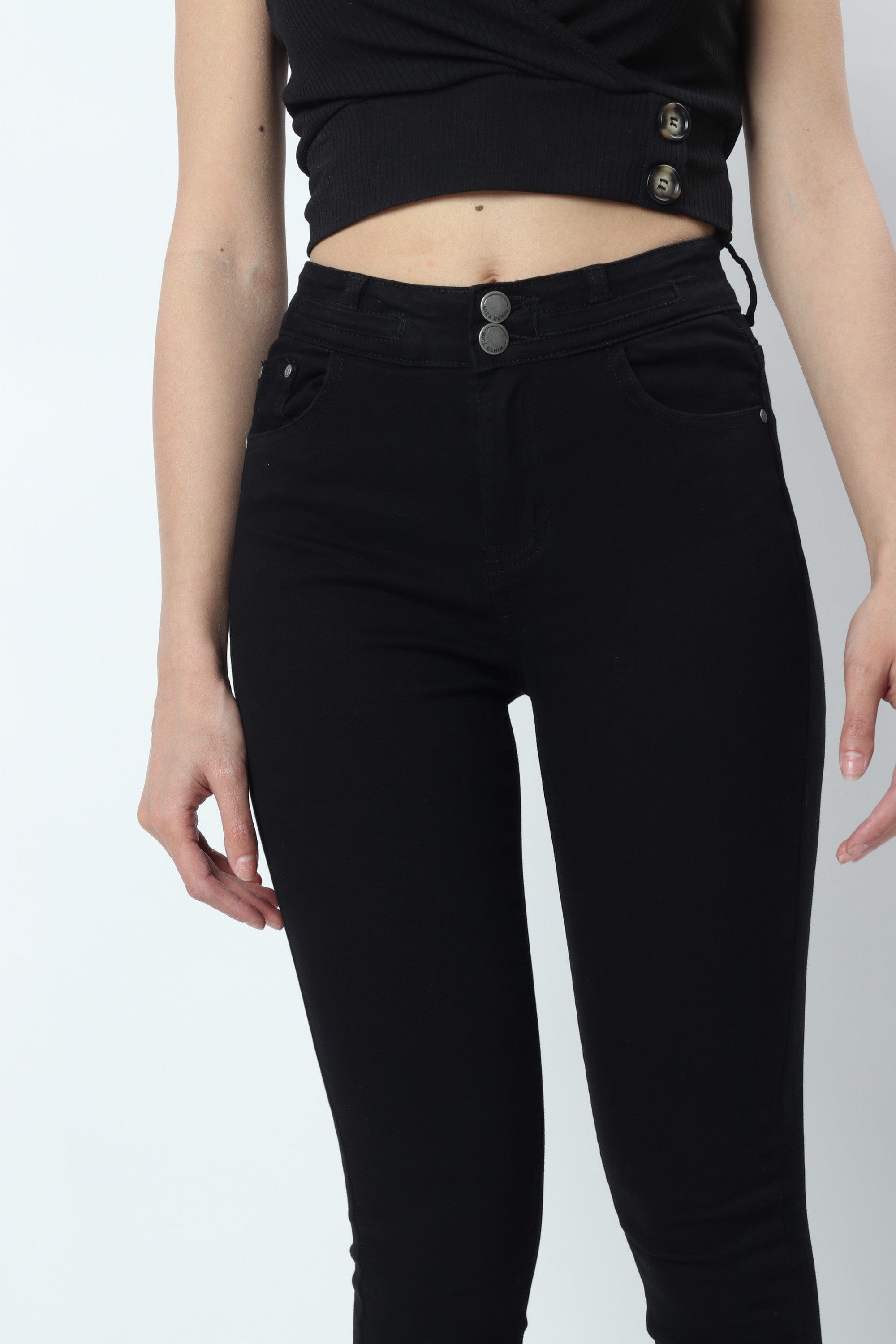 ميكا بنطلون جينز سكيني سادة طويل خصر مرتفع نسائي