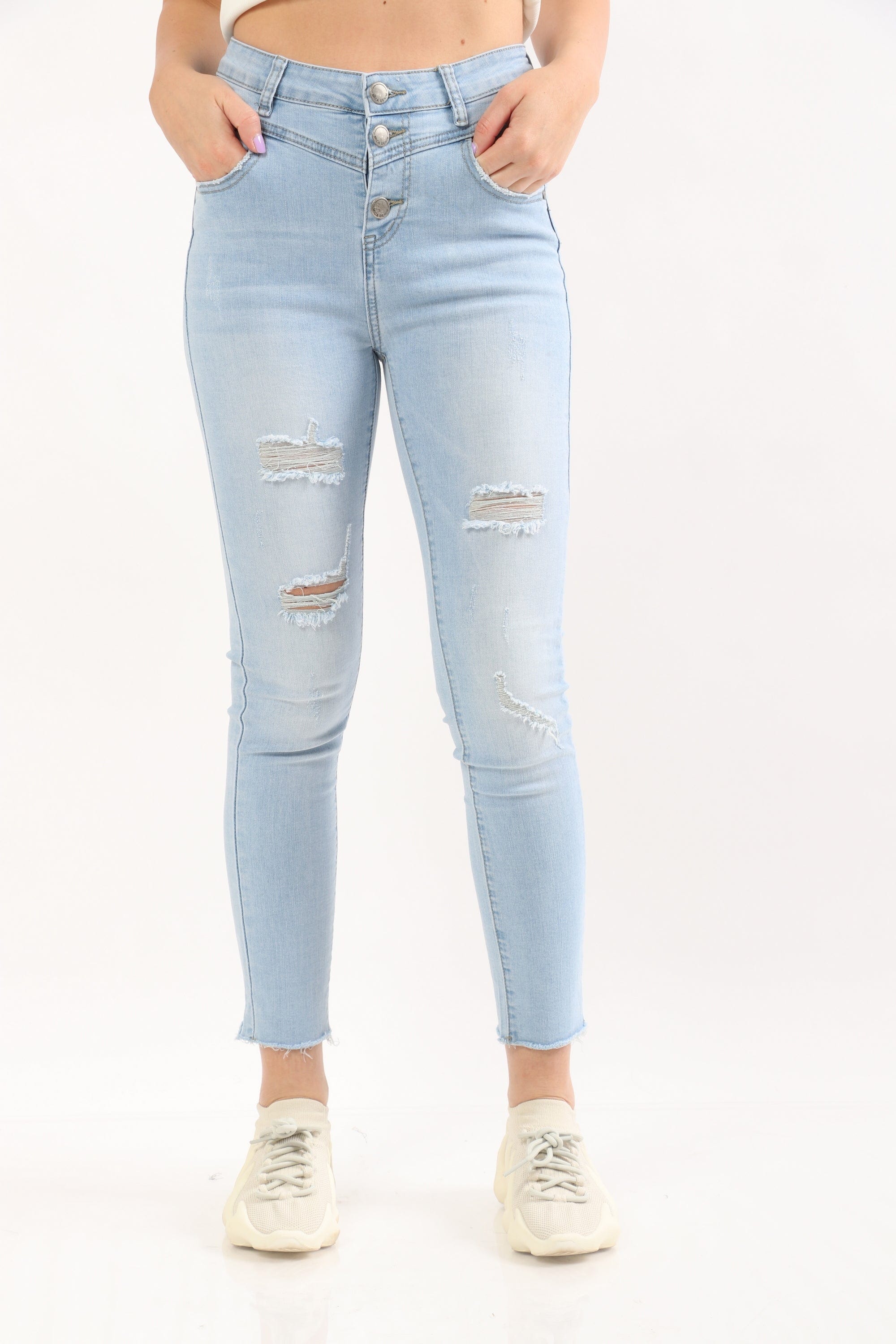 ميكا بنطلون هاي ويست بأزرار وجيوب جانبية طويل نسائي