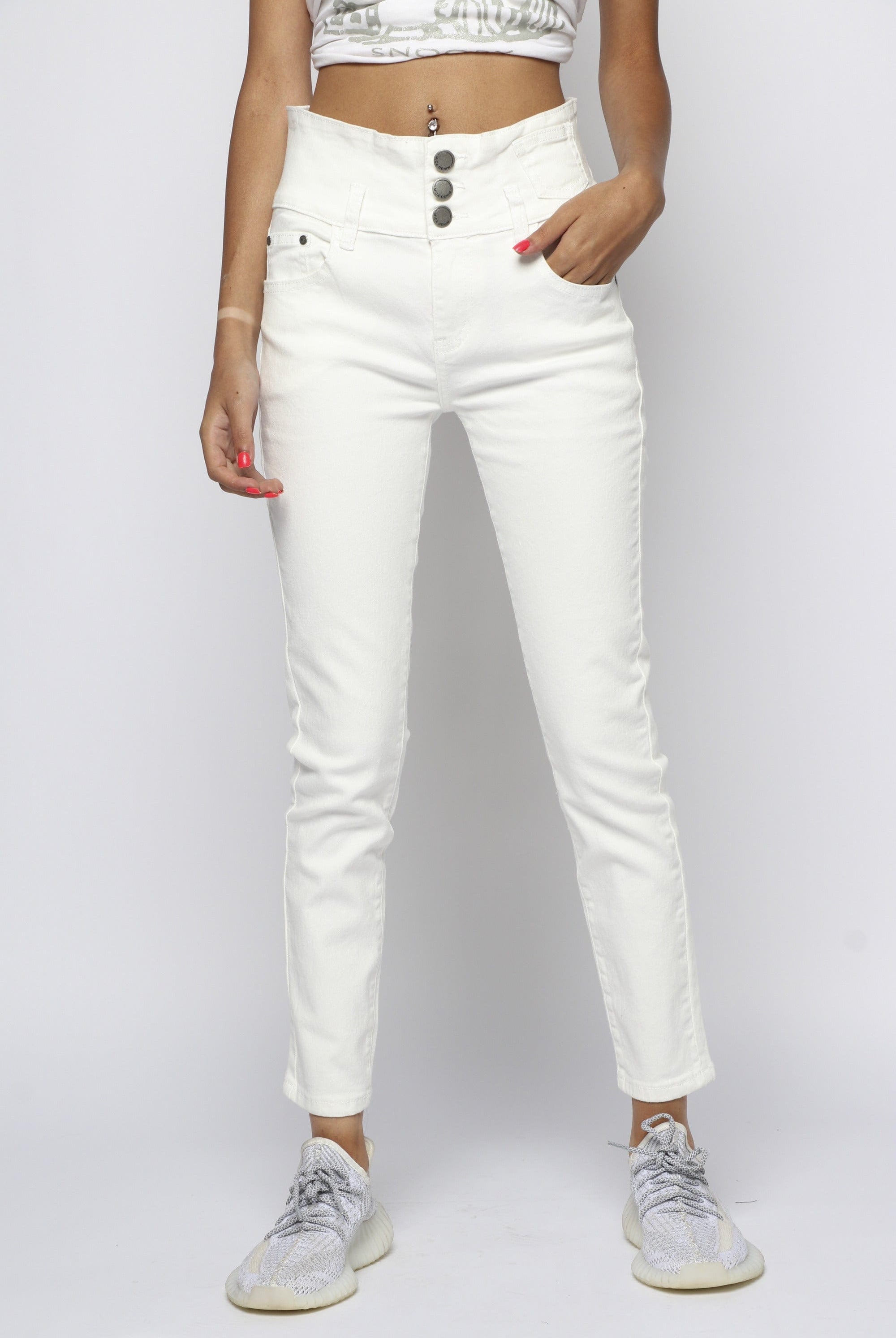 ميكا بنطلون طويل هاي ويست بثلاثة أزرار طويل نسائي