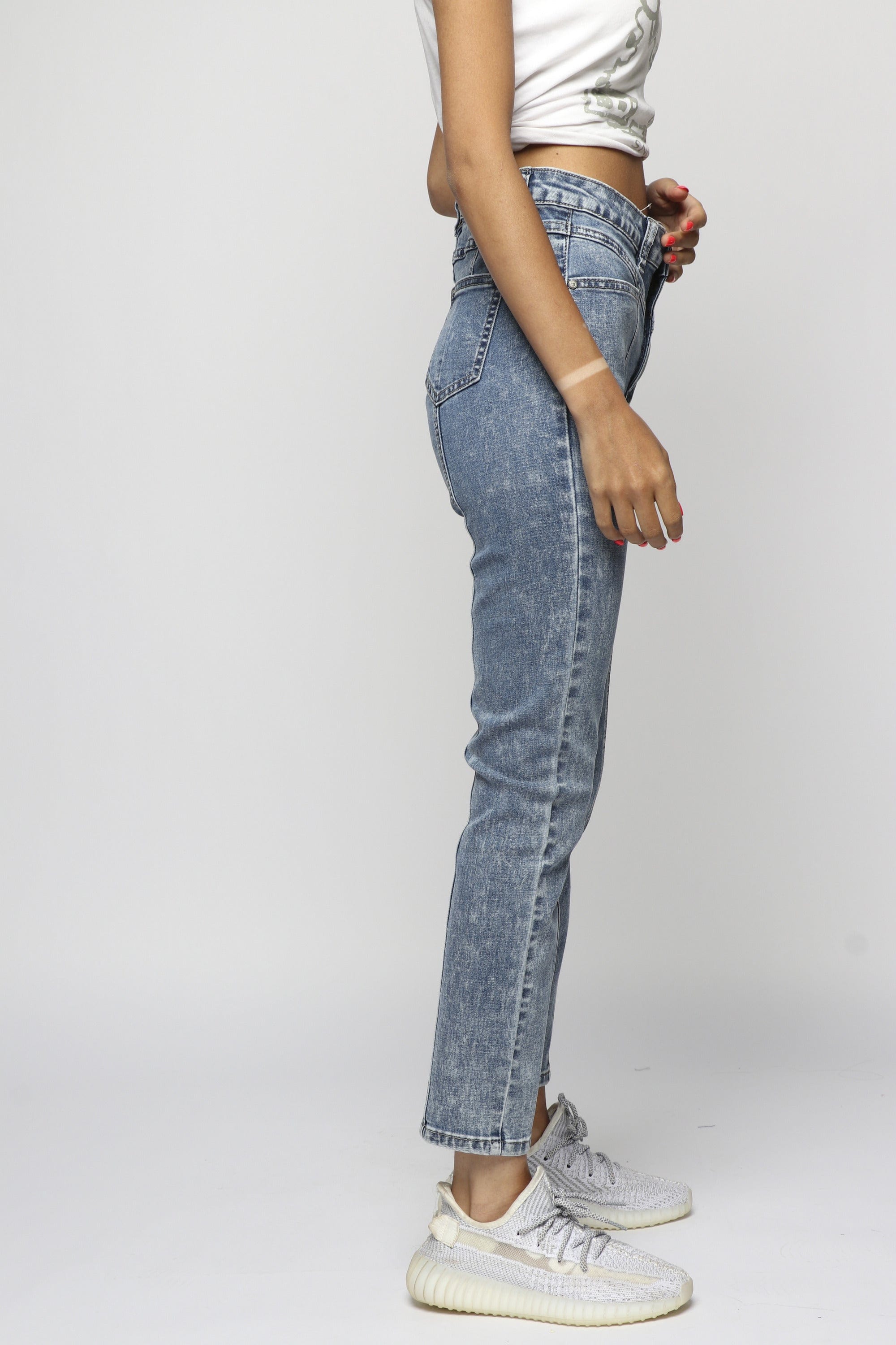 ميكا بنطلون جينز هاي ويست سكيني بسحاب وزرار وجيوب طويل نسائي