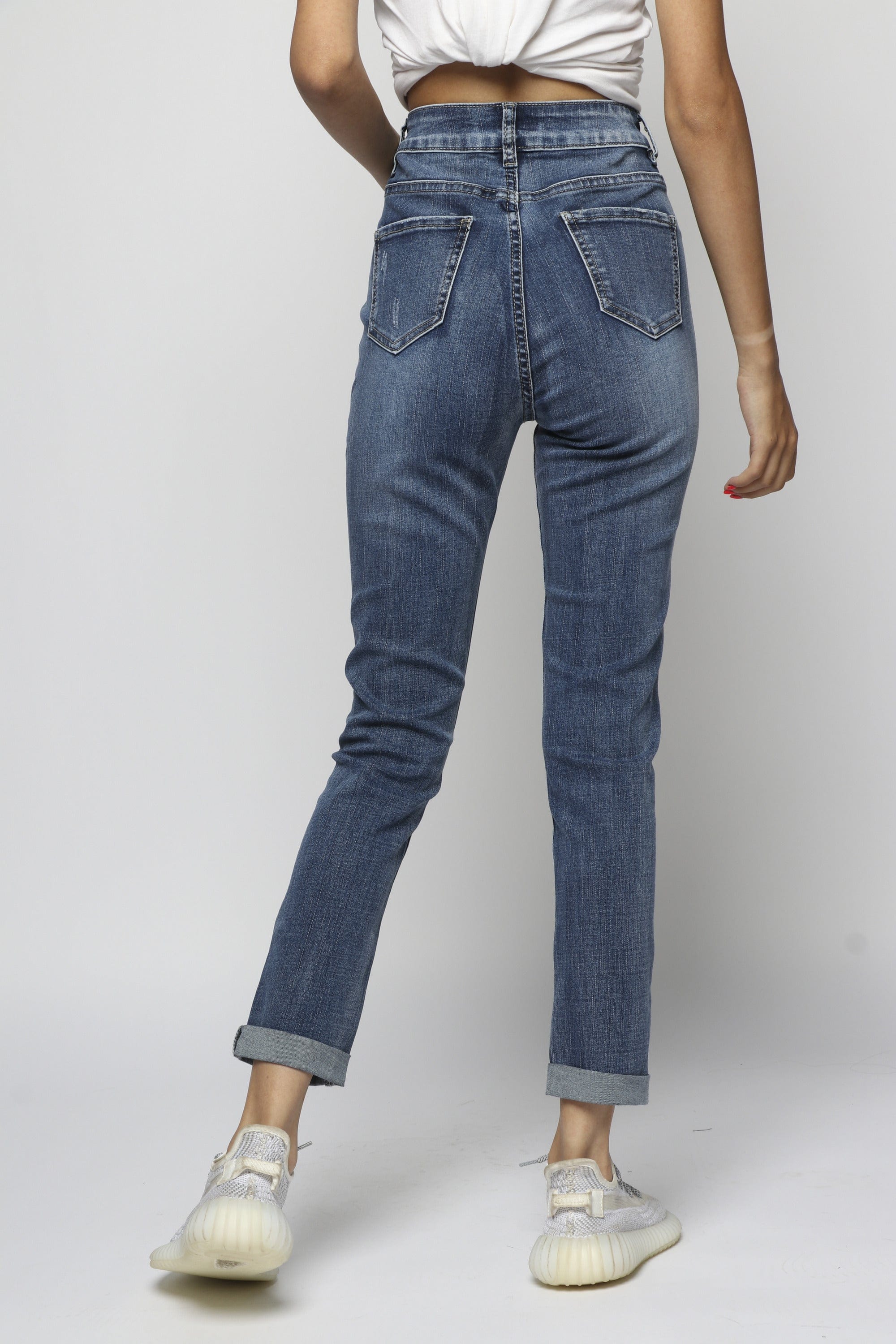 ميكا بنطلون جينز هاي ويست بسحاب وزرار طويل نسائي