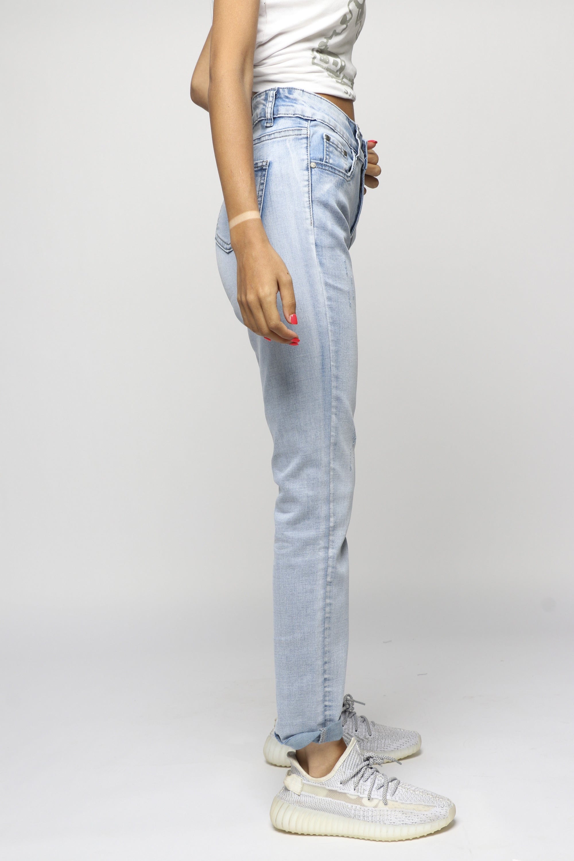 ميكا بنطلون جينز هاي ويست بسحاب وزرار طويل نسائي