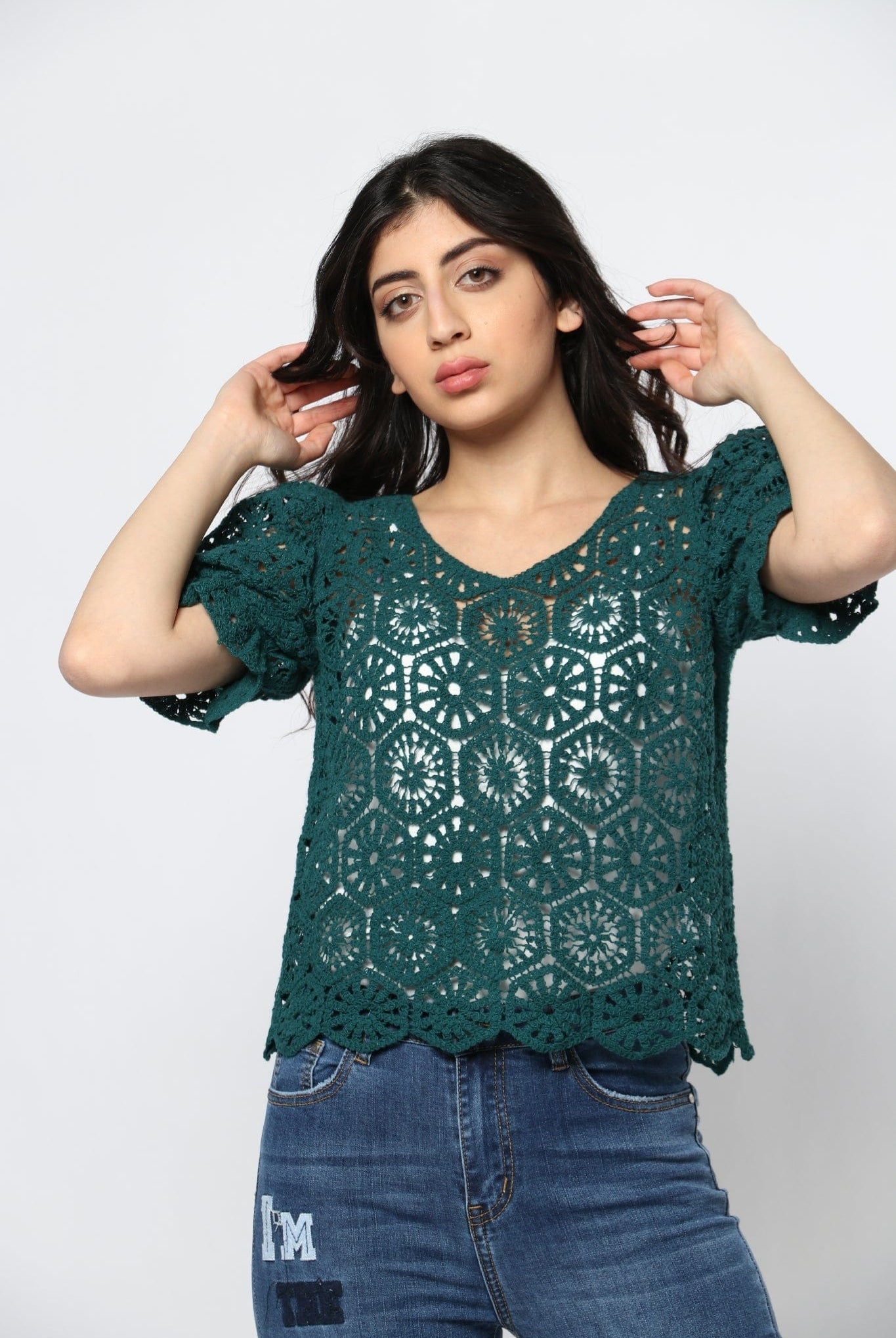 ميكا بلوزة دانتيل كم قصير منفوخ نسائي