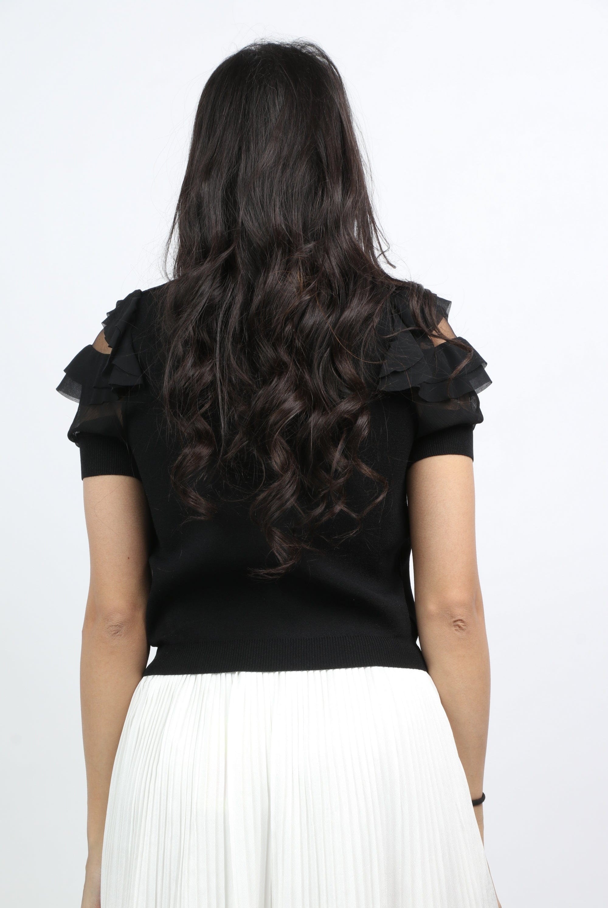 ميكا بلوزة سادة بأكمام قصيرة مكشكشة ياقة دائرية نسائي