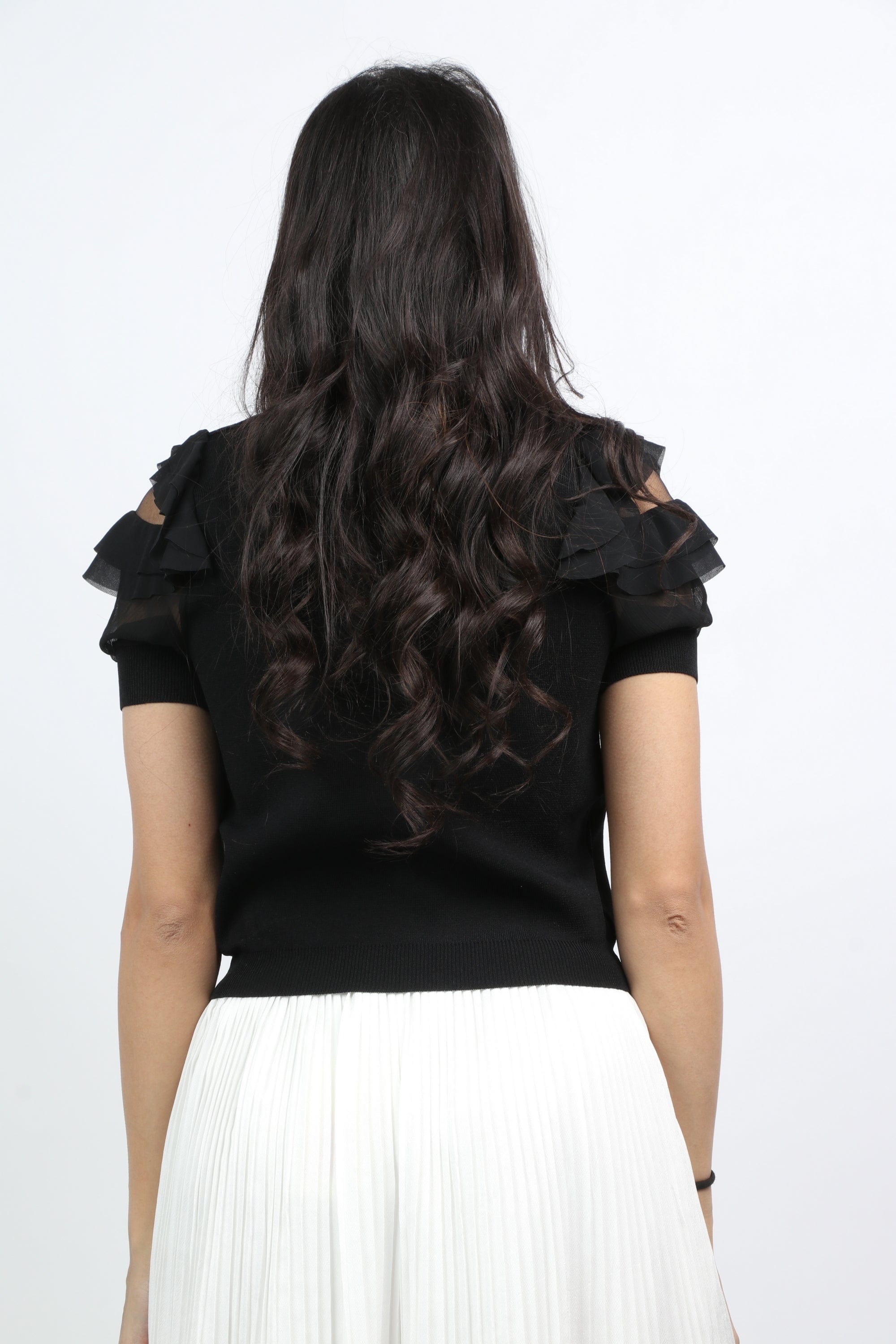 ميكا بلوزة سادة بأكمام قصيرة مكشكشة ياقة دائرية نسائي