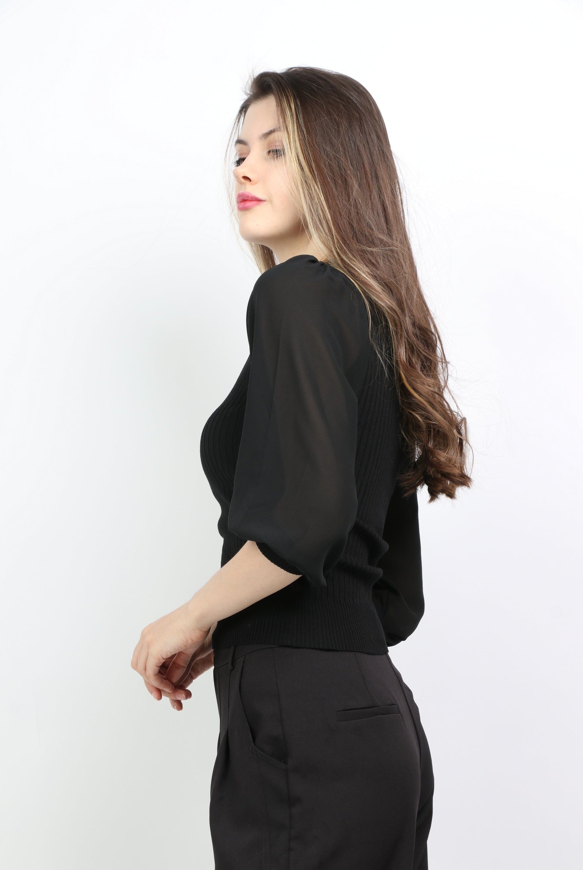 ميكا بلوزة بدي مضلع بأكمام منفوخة نسائي