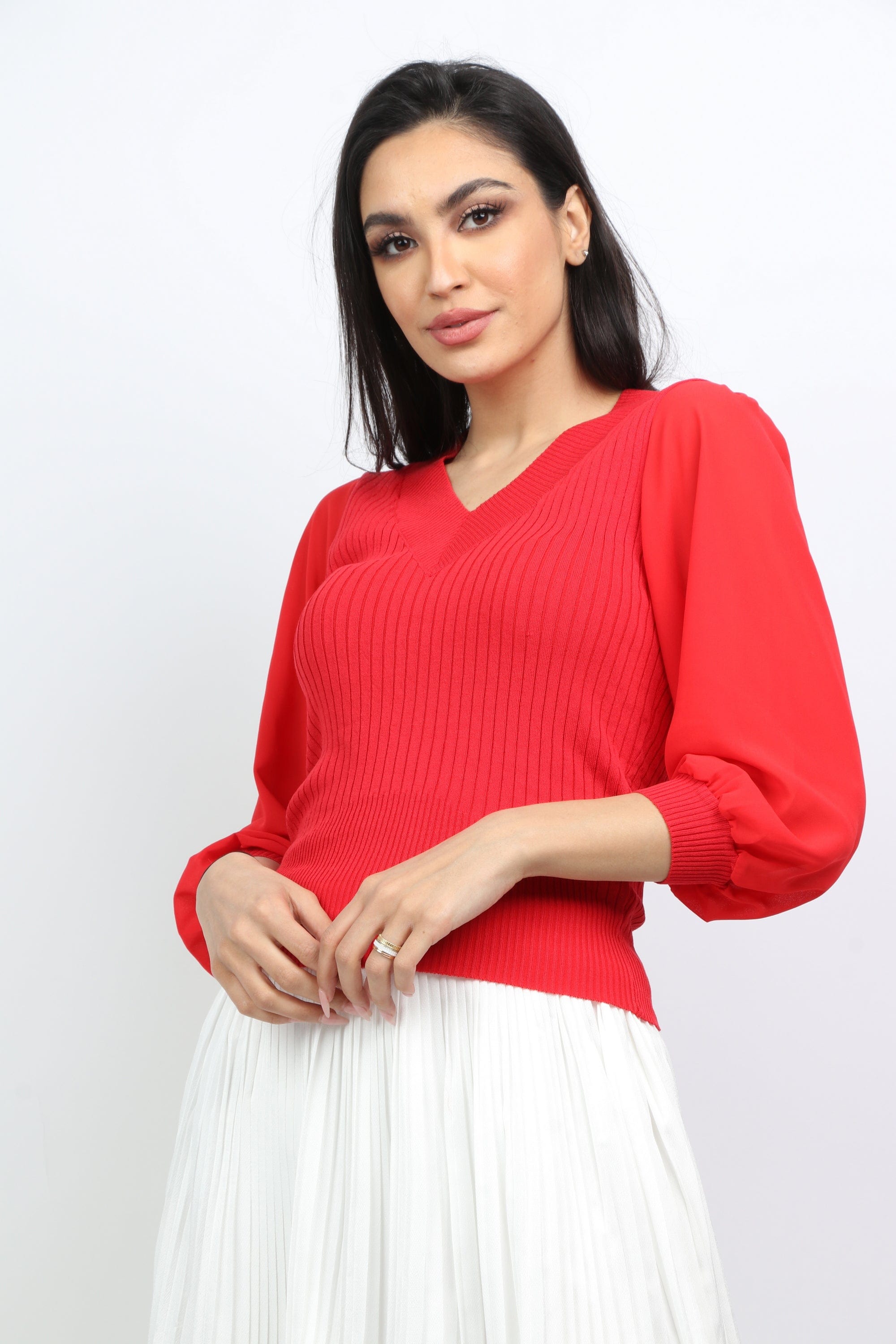 ميكا بلوزة بدي مضلع بأكمام منفوخة نسائي