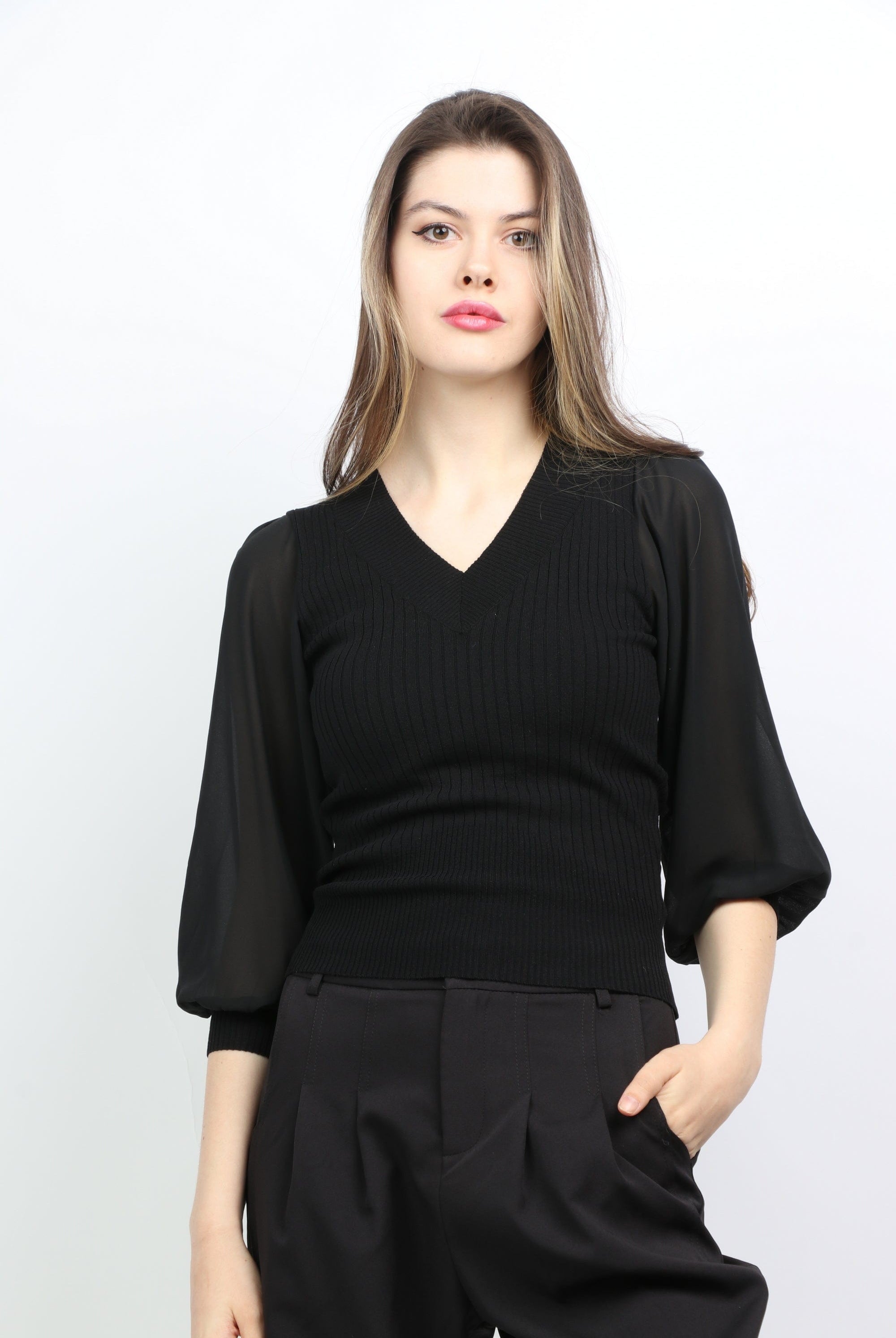 ميكا بلوزة بدي مضلع بأكمام منفوخة نسائي