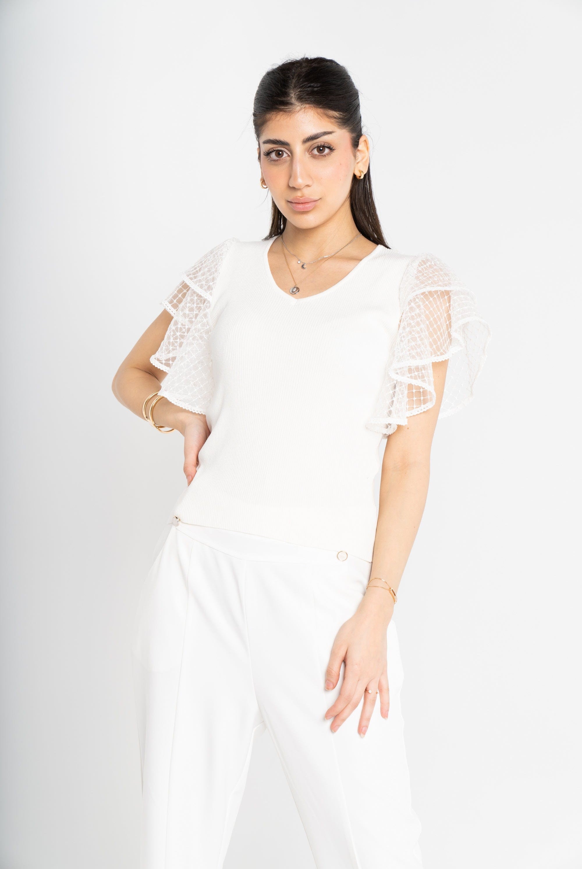 ميكا بلوزة بأكمام قصيرة شيفون سادة بياقة دائرية