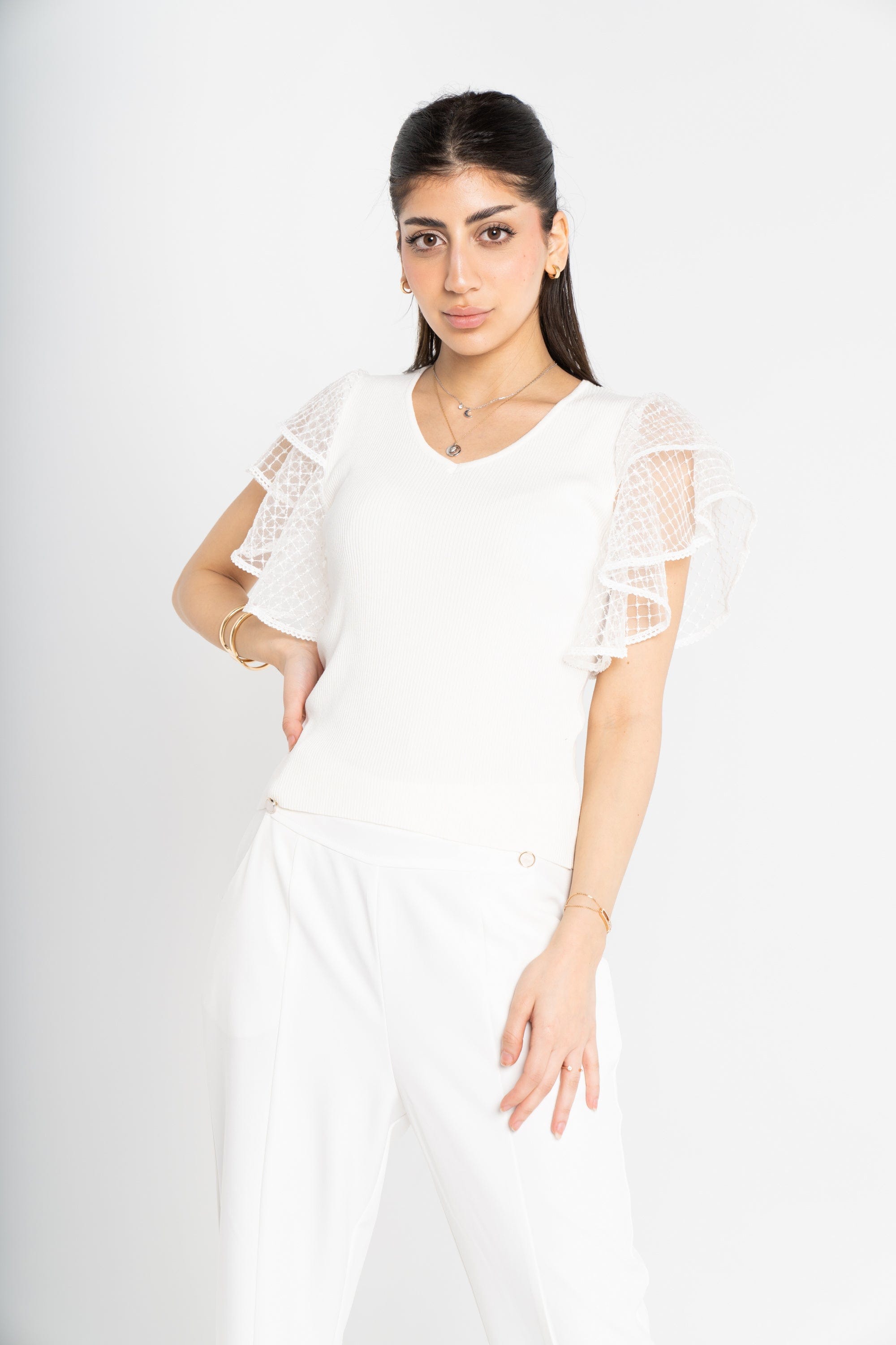 ميكا بلوزة بأكمام قصيرة شيفون سادة بياقة دائرية