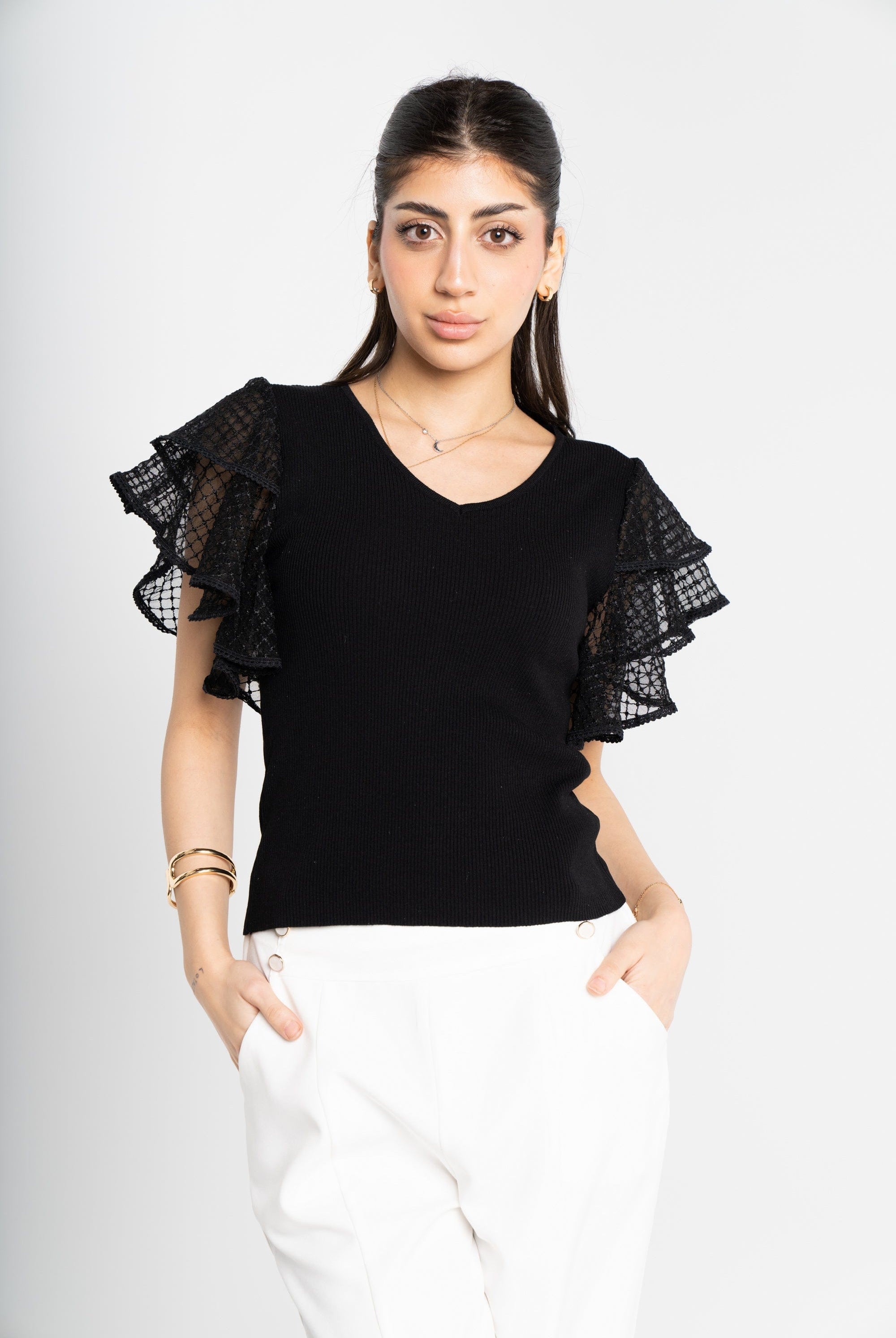 ميكا بلوزة بأكمام قصيرة شيفون سادة بياقة دائرية