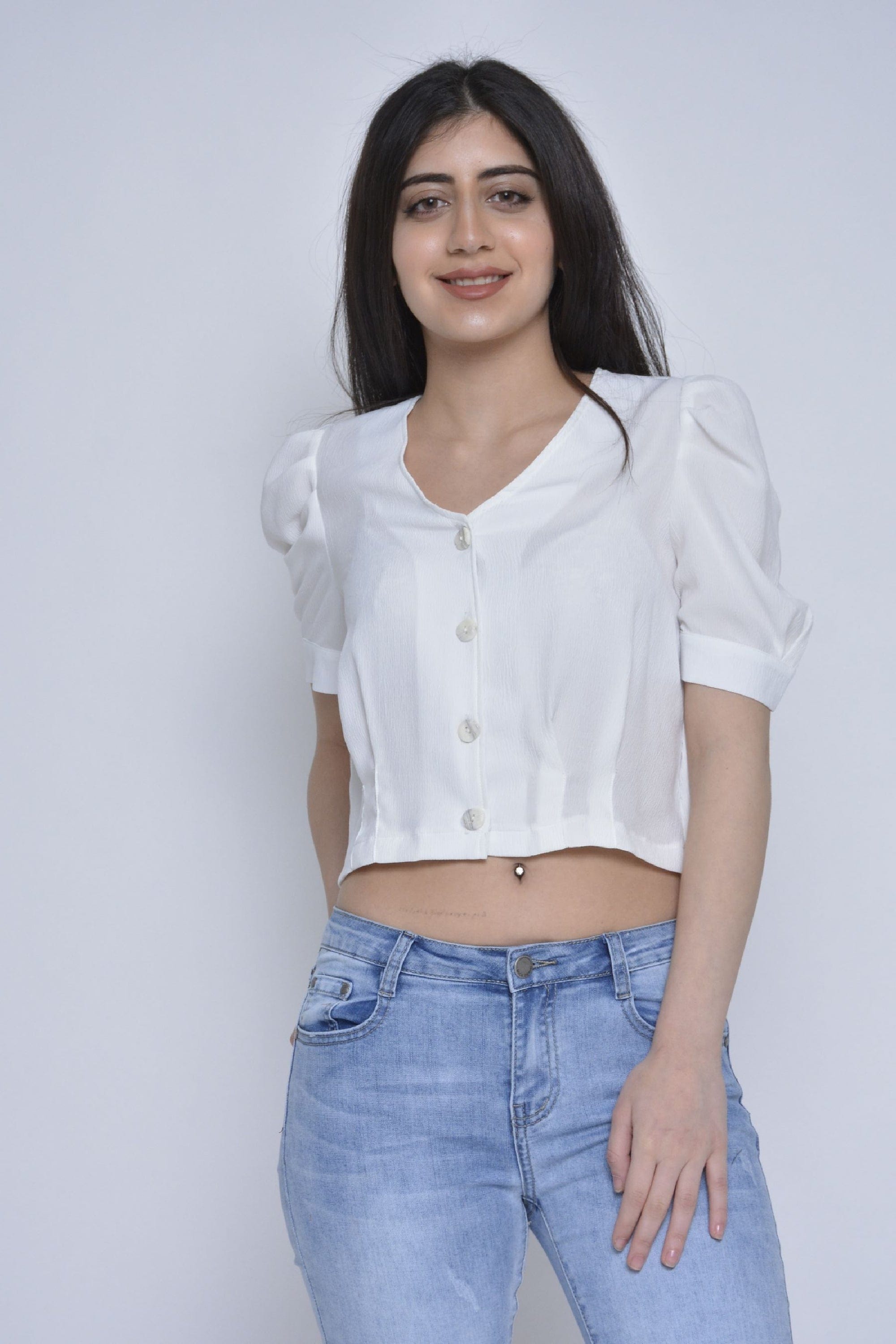 ميكا بلوزة نص بطن سبعة بأزرار أمامية كم قصير بف نسائي