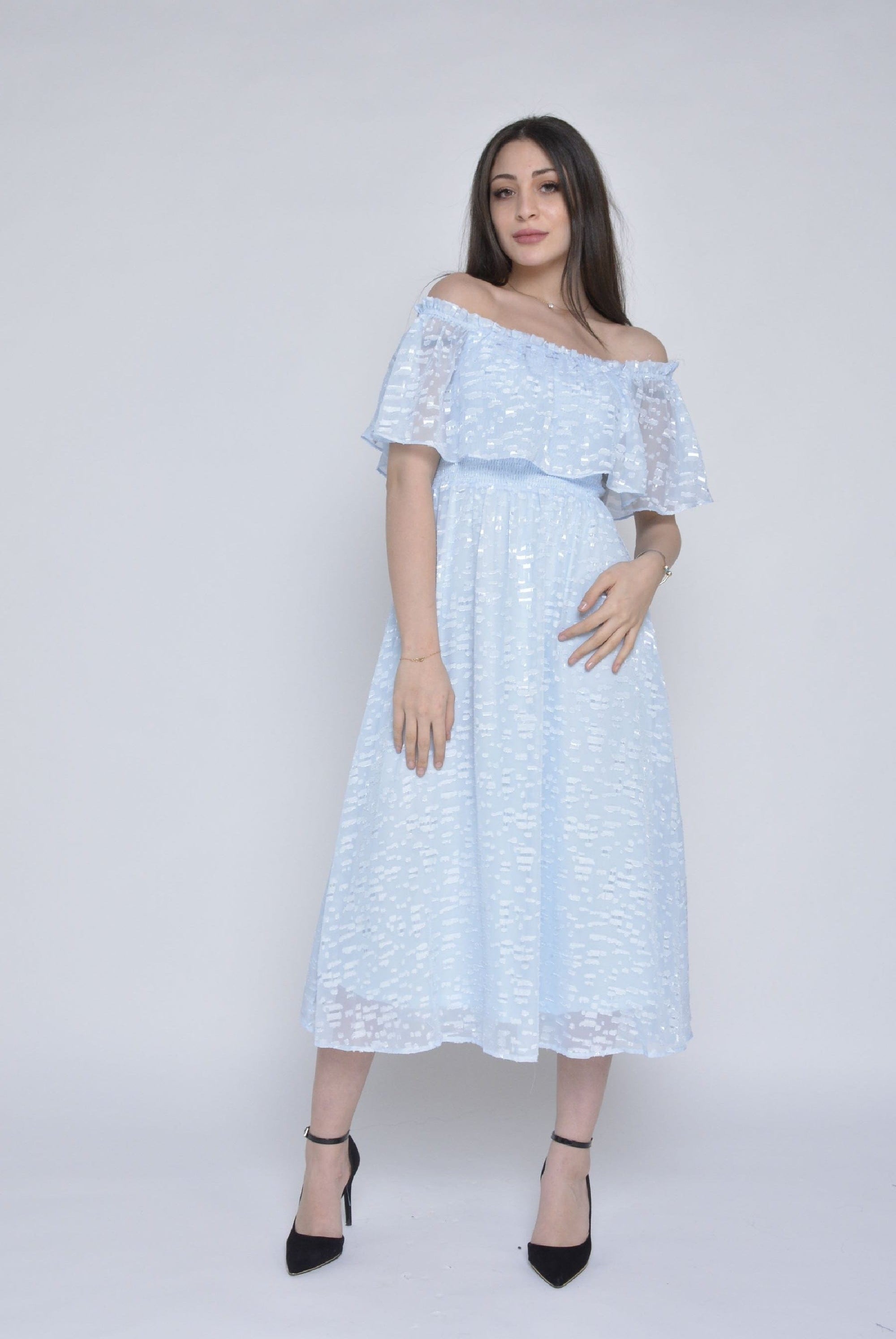 ميكا فستان ميدي كم قصير اوف شولدر شيفون