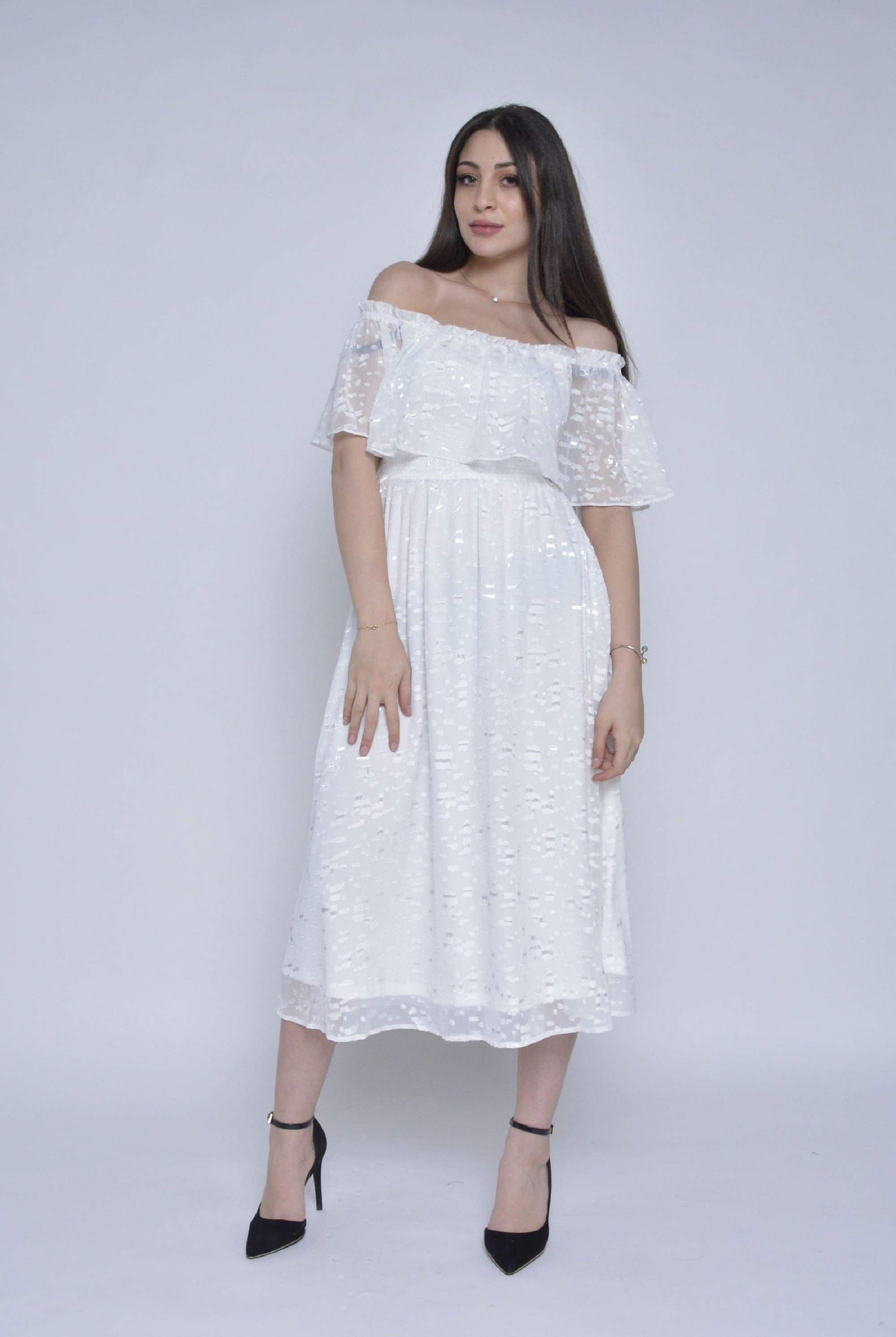 ميكا فستان ميدي كم قصير اوف شولدر شيفون