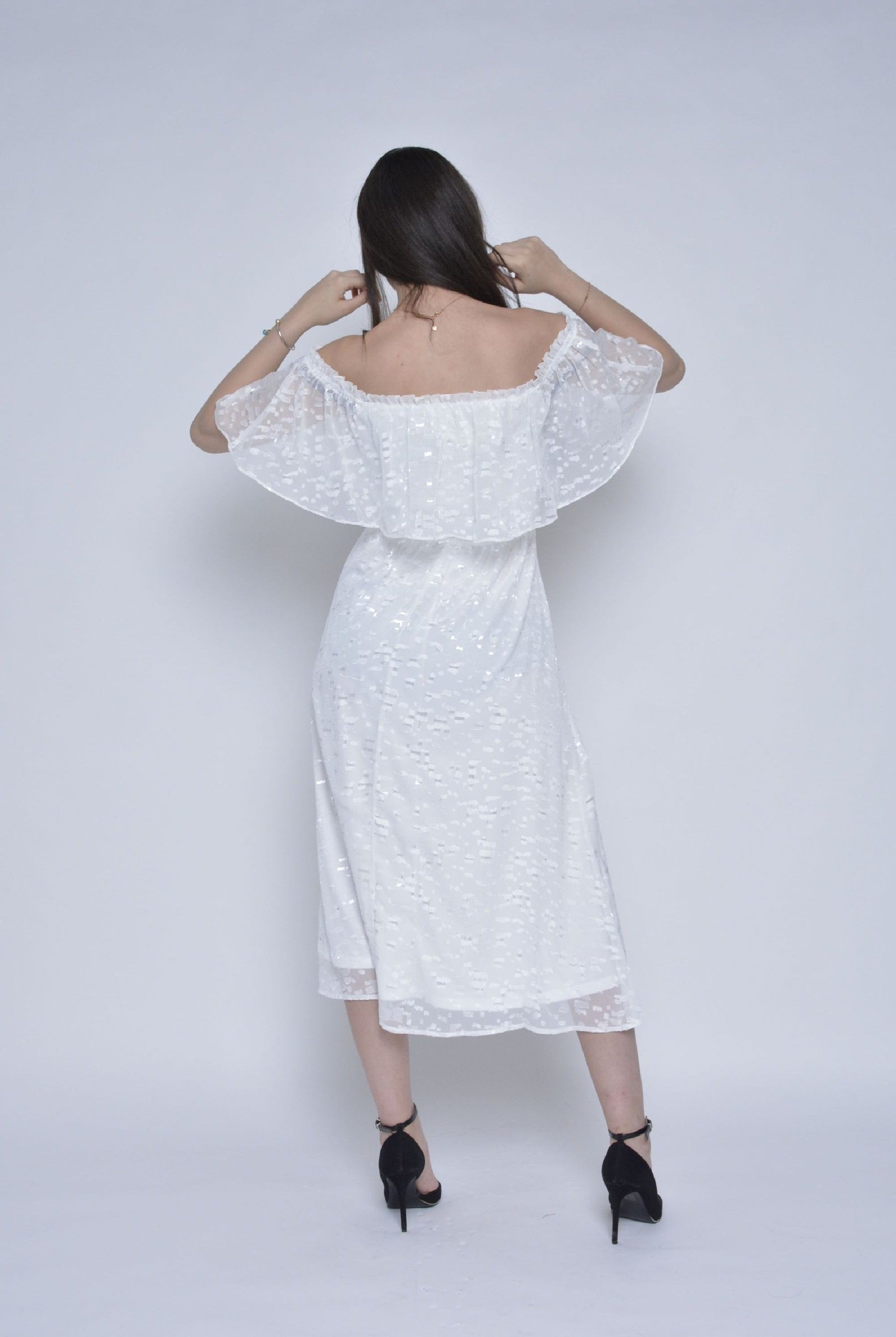 ميكا فستان ميدي كم قصير اوف شولدر شيفون