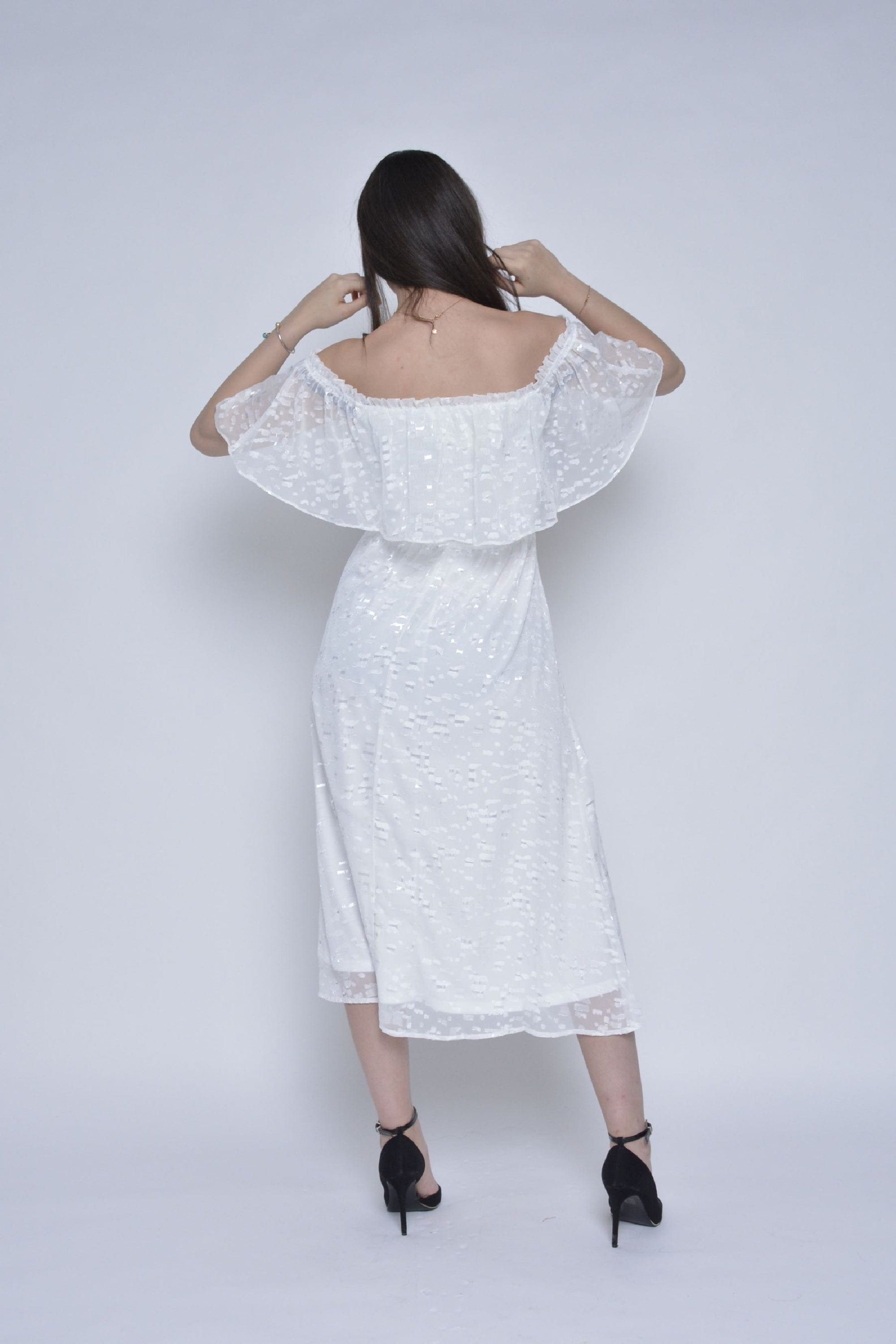 ميكا فستان ميدي كم قصير اوف شولدر شيفون