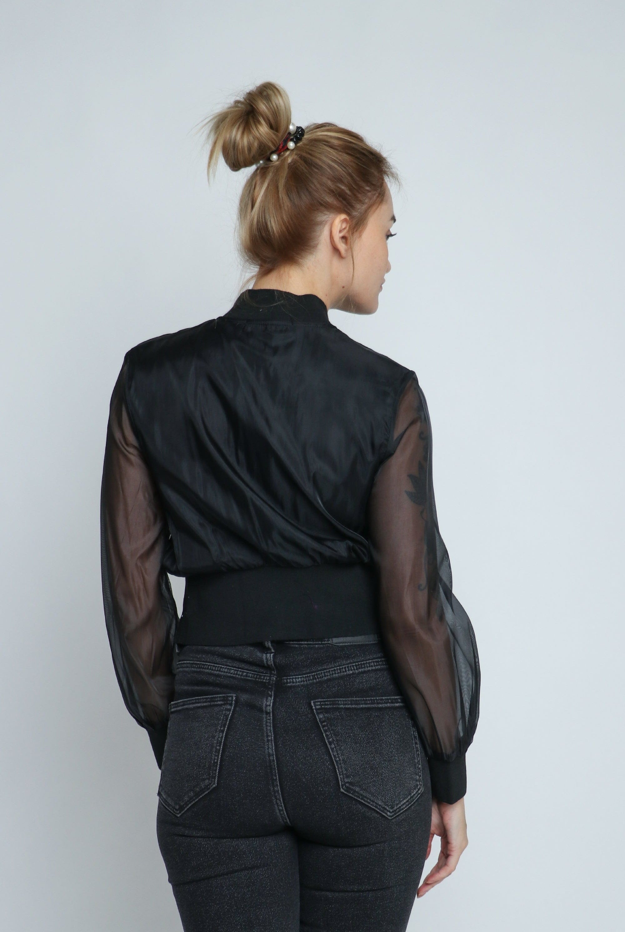 ميكا جاكيت شيفون بسحاب وياقة كم طويل شيفون نسائي