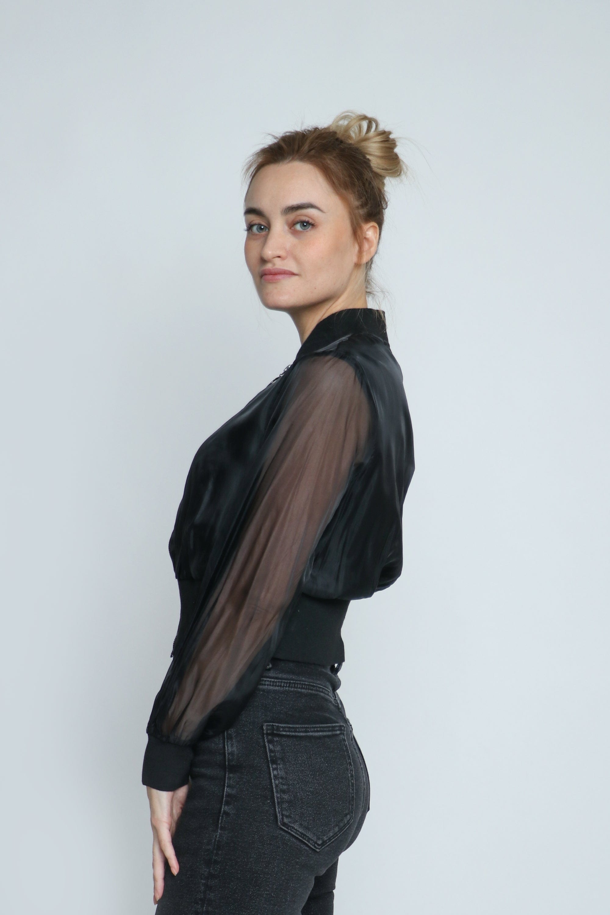 ميكا جاكيت شيفون بسحاب وياقة كم طويل شيفون نسائي