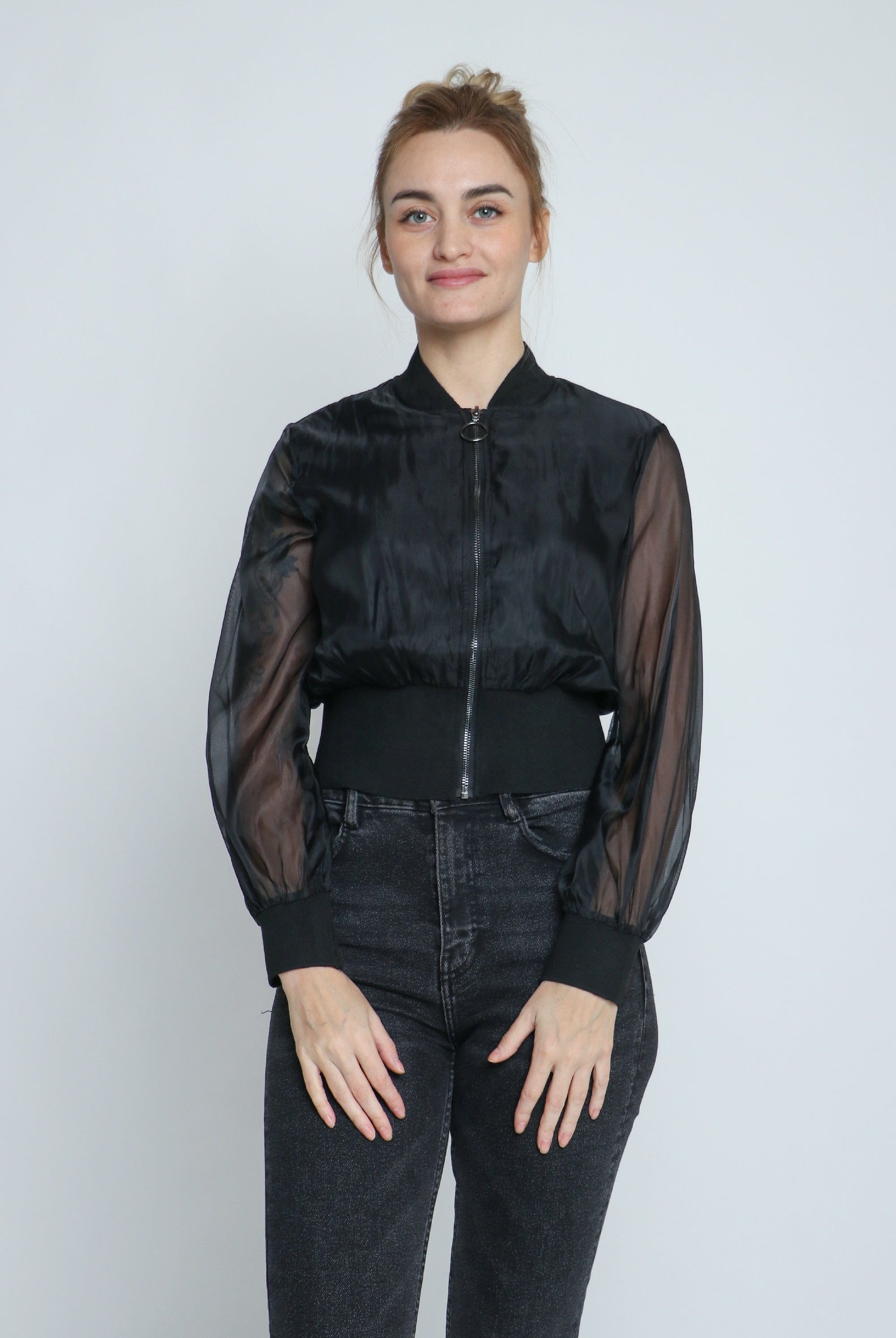 ميكا جاكيت شيفون بسحاب وياقة كم طويل شيفون نسائي