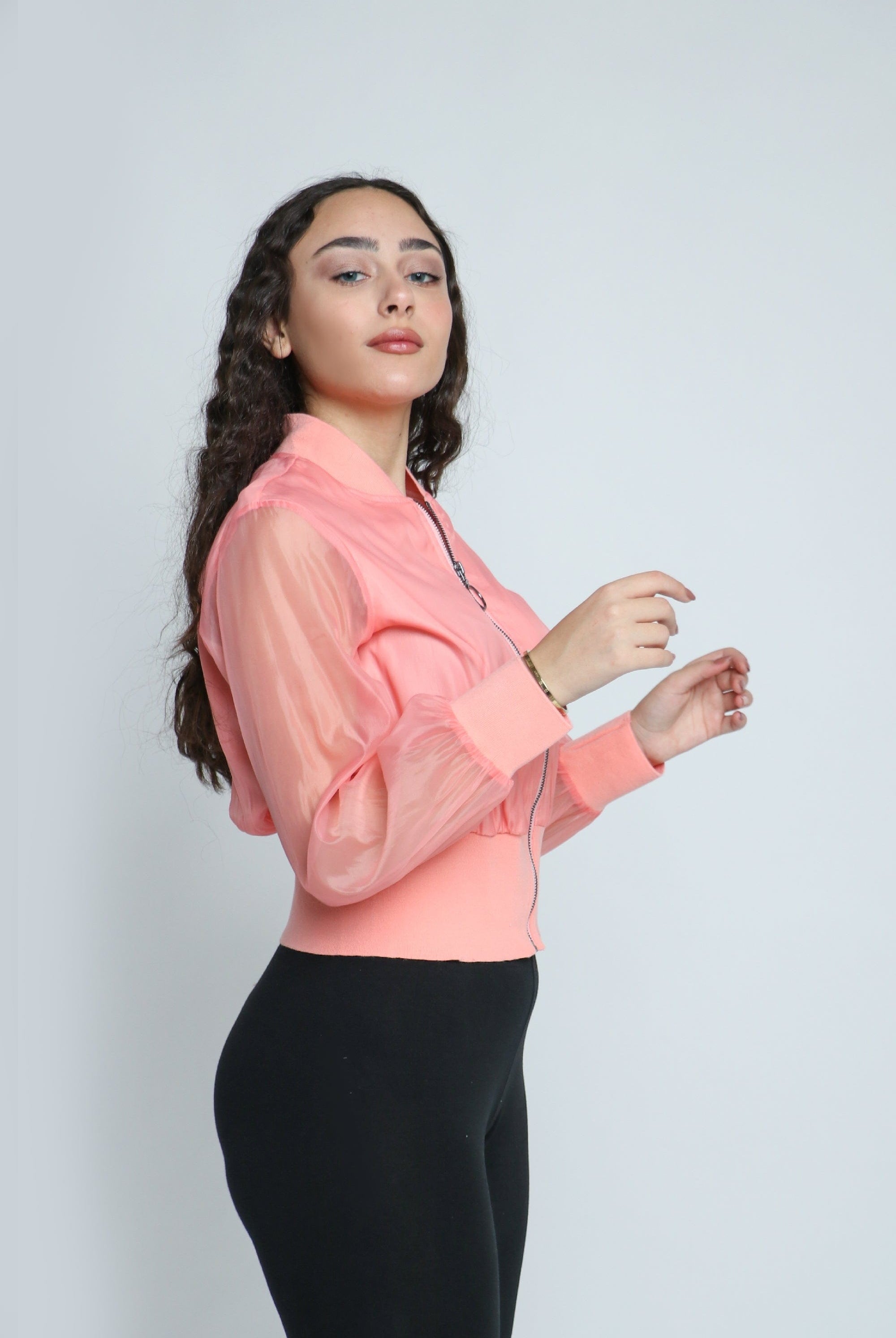 ميكا جاكيت شيفون بسحاب وياقة كم طويل شيفون نسائي