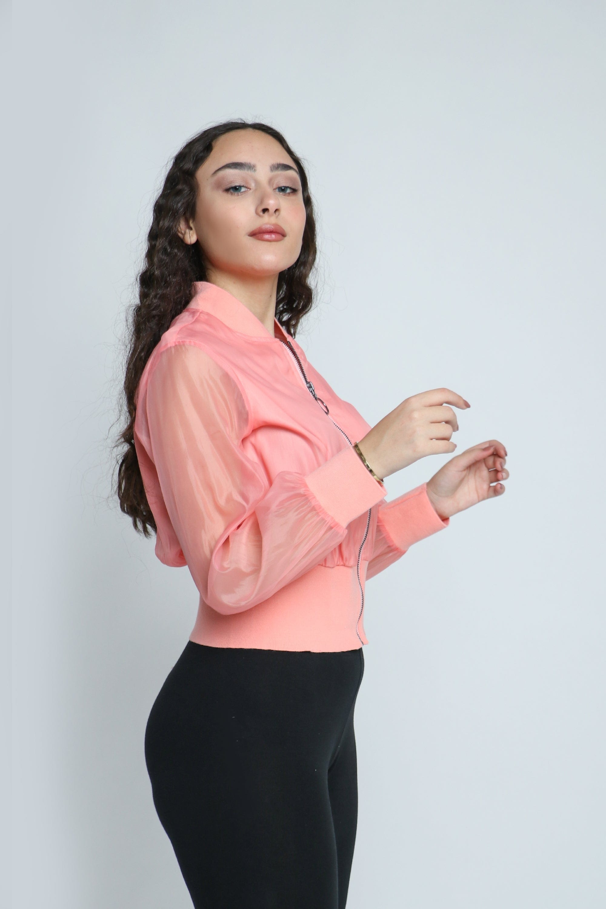 ميكا جاكيت شيفون بسحاب وياقة كم طويل شيفون نسائي