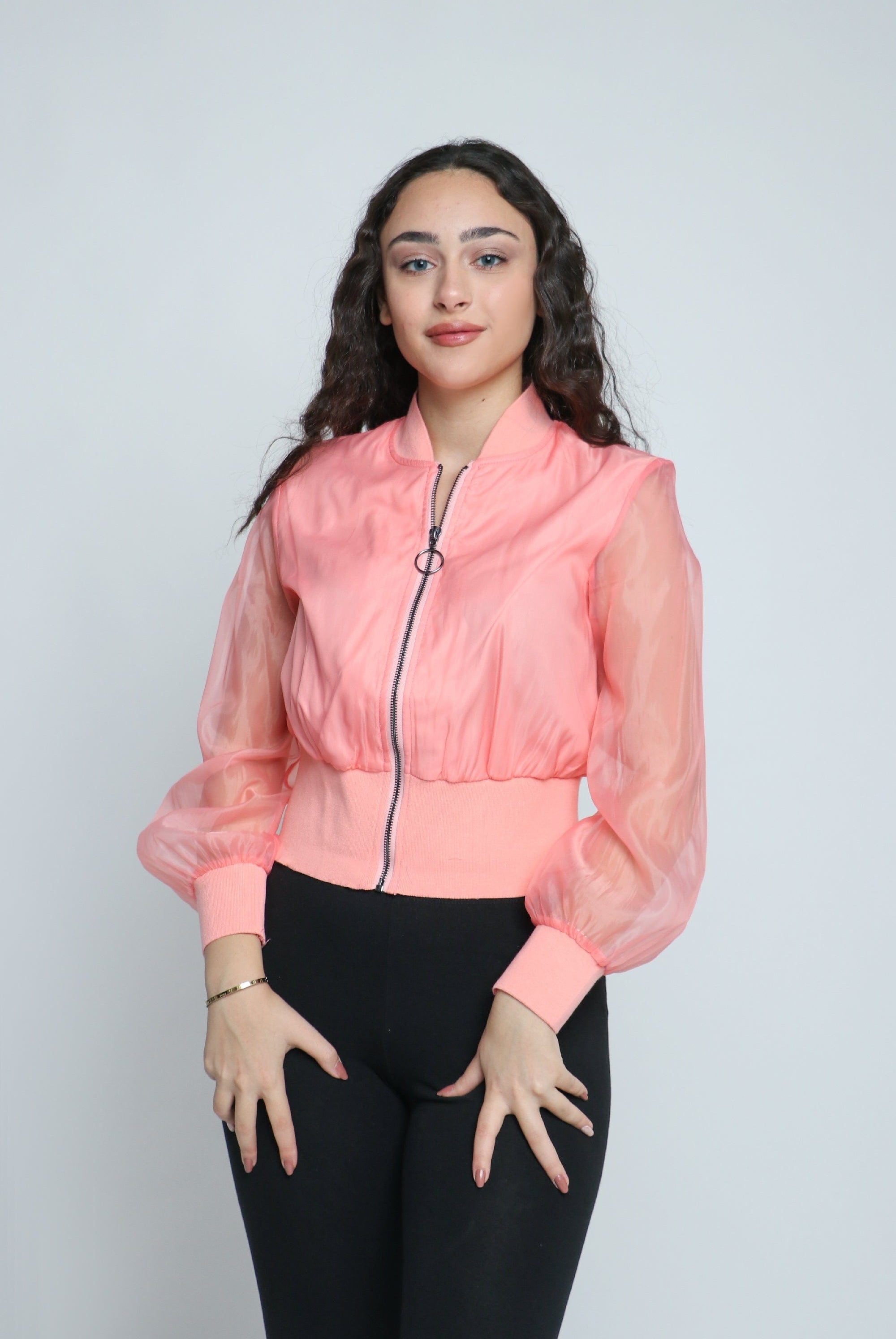 ميكا جاكيت شيفون بسحاب وياقة كم طويل شيفون نسائي