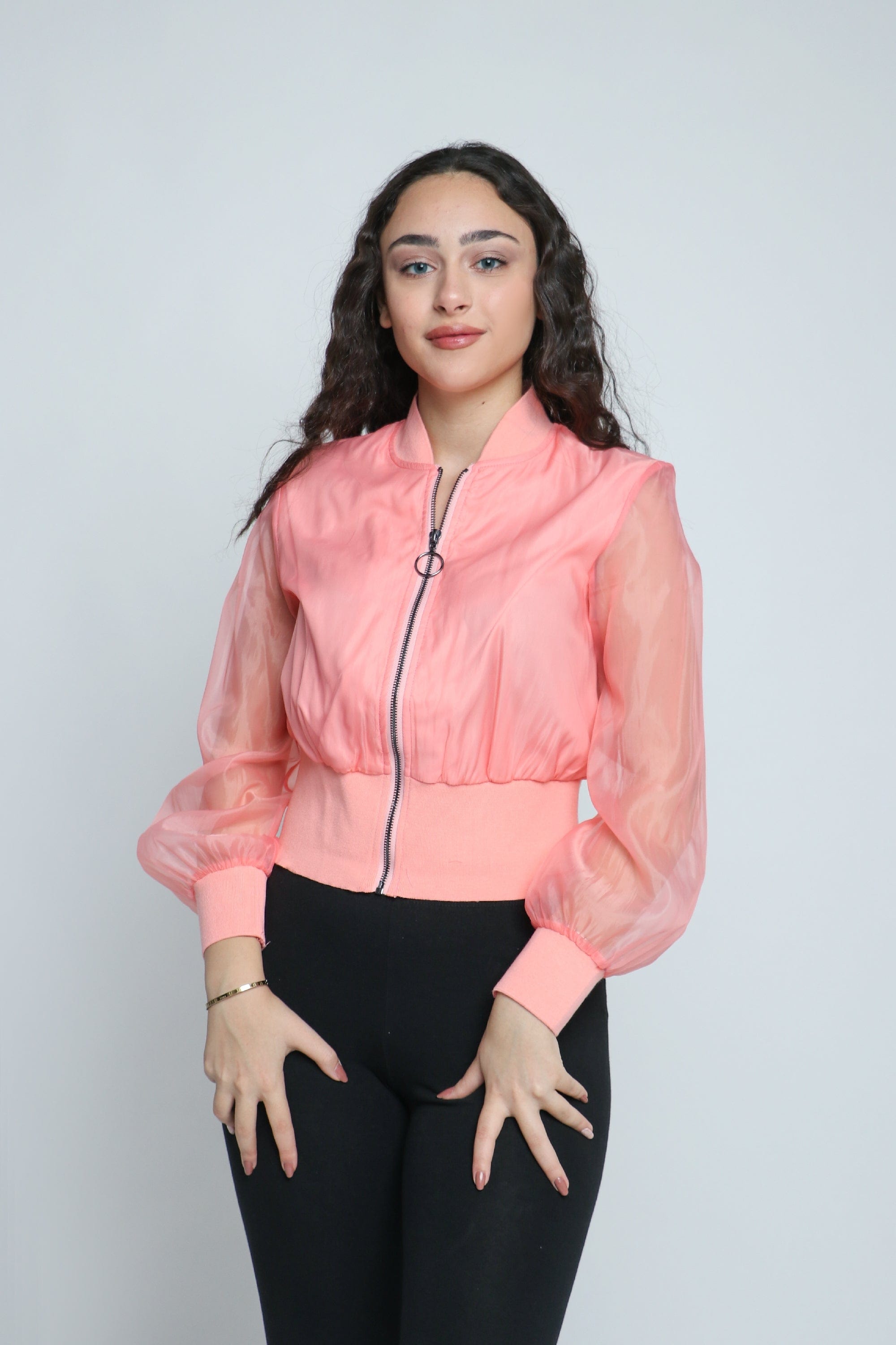 ميكا جاكيت شيفون بسحاب وياقة كم طويل شيفون نسائي