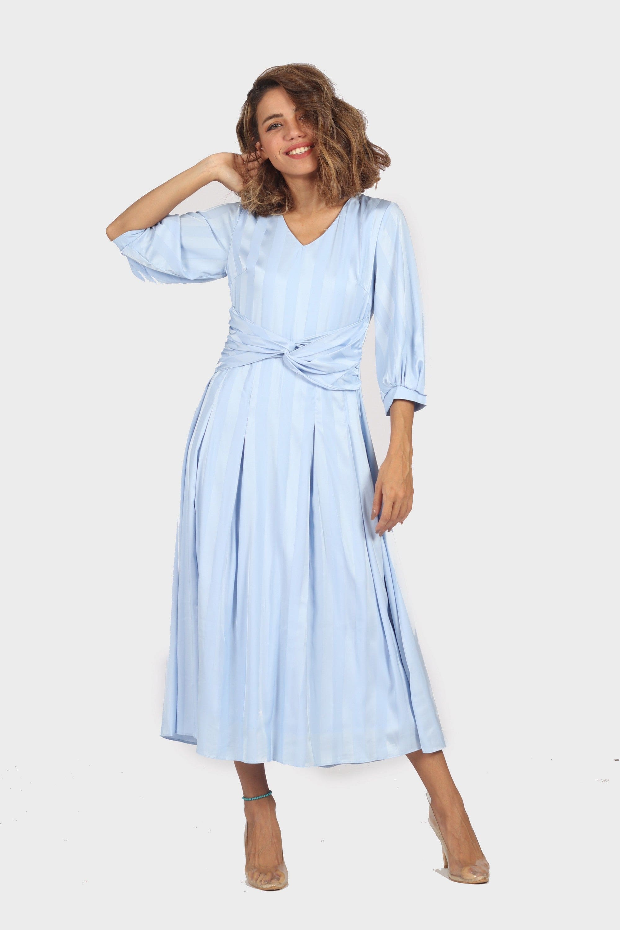 ميكا فستان ميدي بأكمام 4/3 مزموم من الخصر