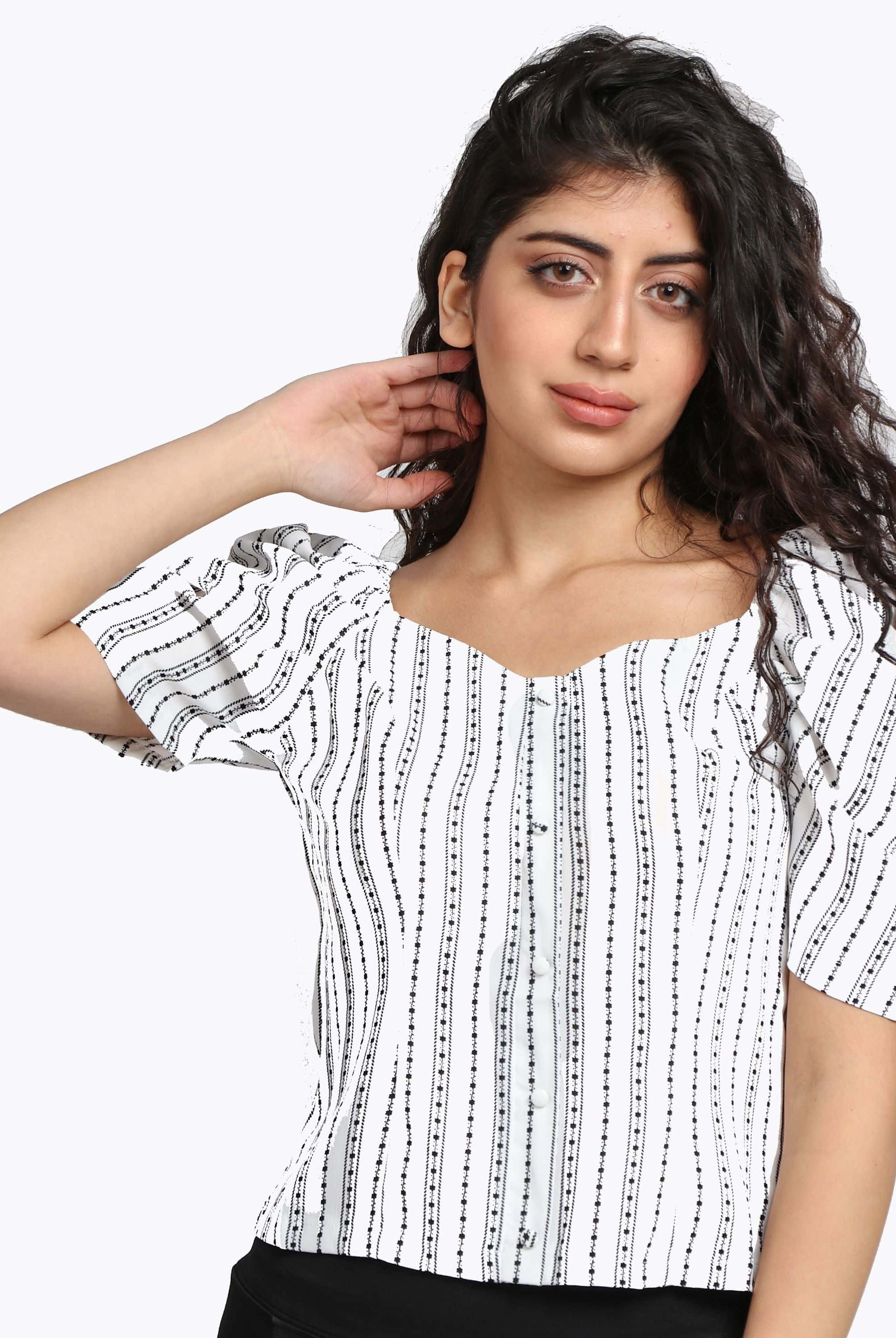 ميكا بلوزة مخططة كم قصير منفوخة نسائي