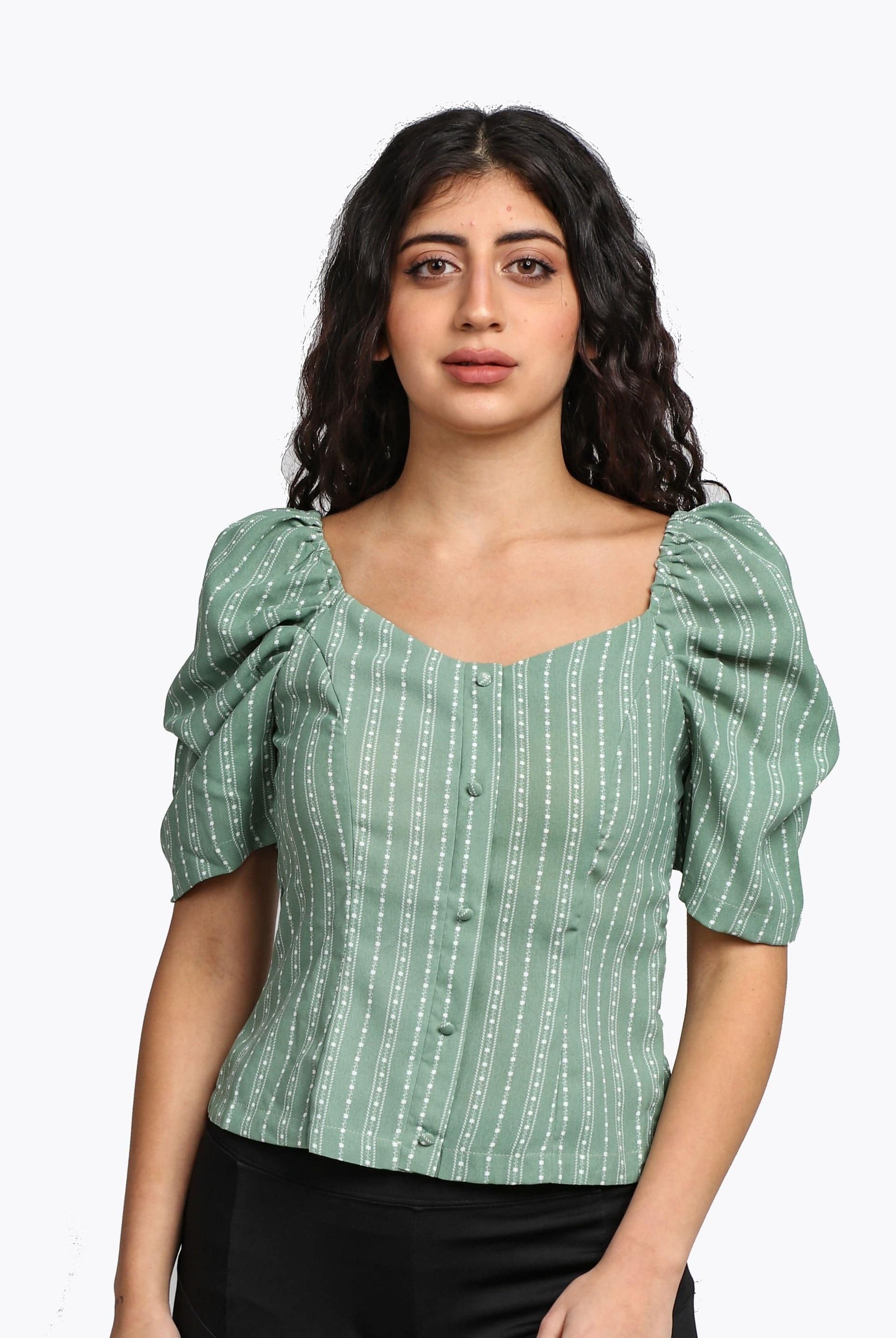 ميكا بلوزة مخططة كم قصير منفوخة نسائي