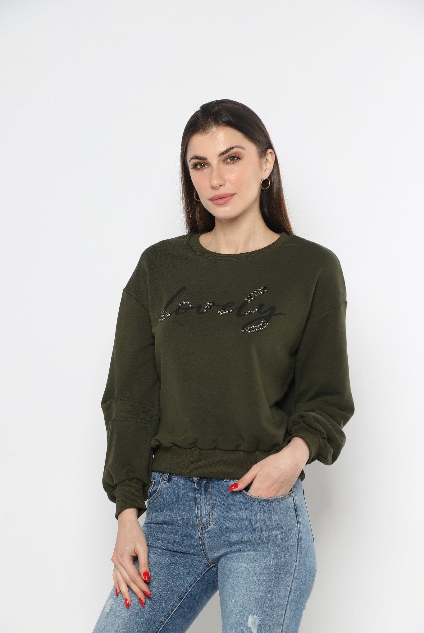 ميكا بلوزة بطبعة مطرزة بالكريستال بأكمام طويلة